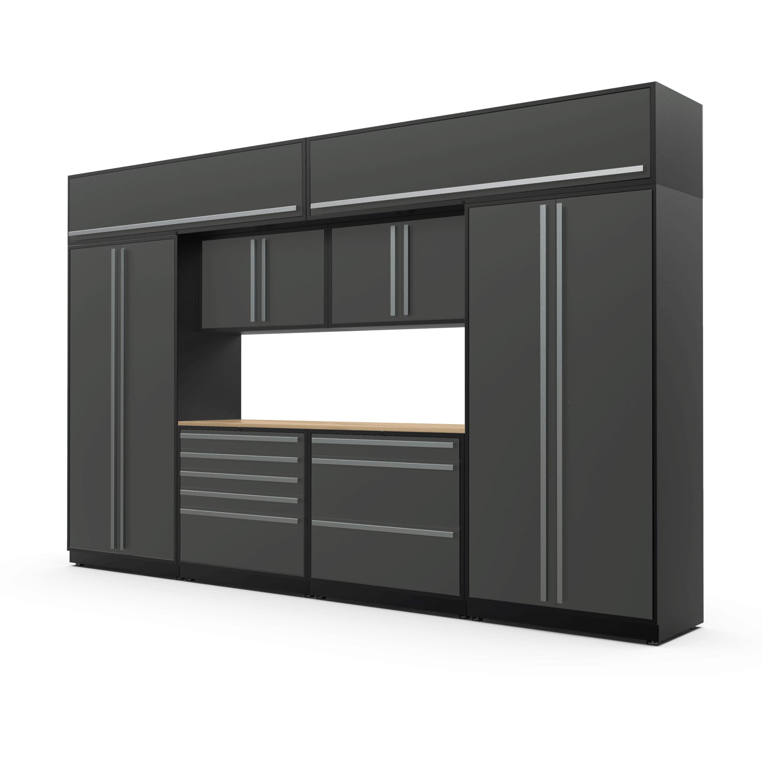 Proslat FusionPlus 13 ft TOOL garage cabinet set with overheads in Traffic Gray with Silver handles and a Maple Wood worktop
