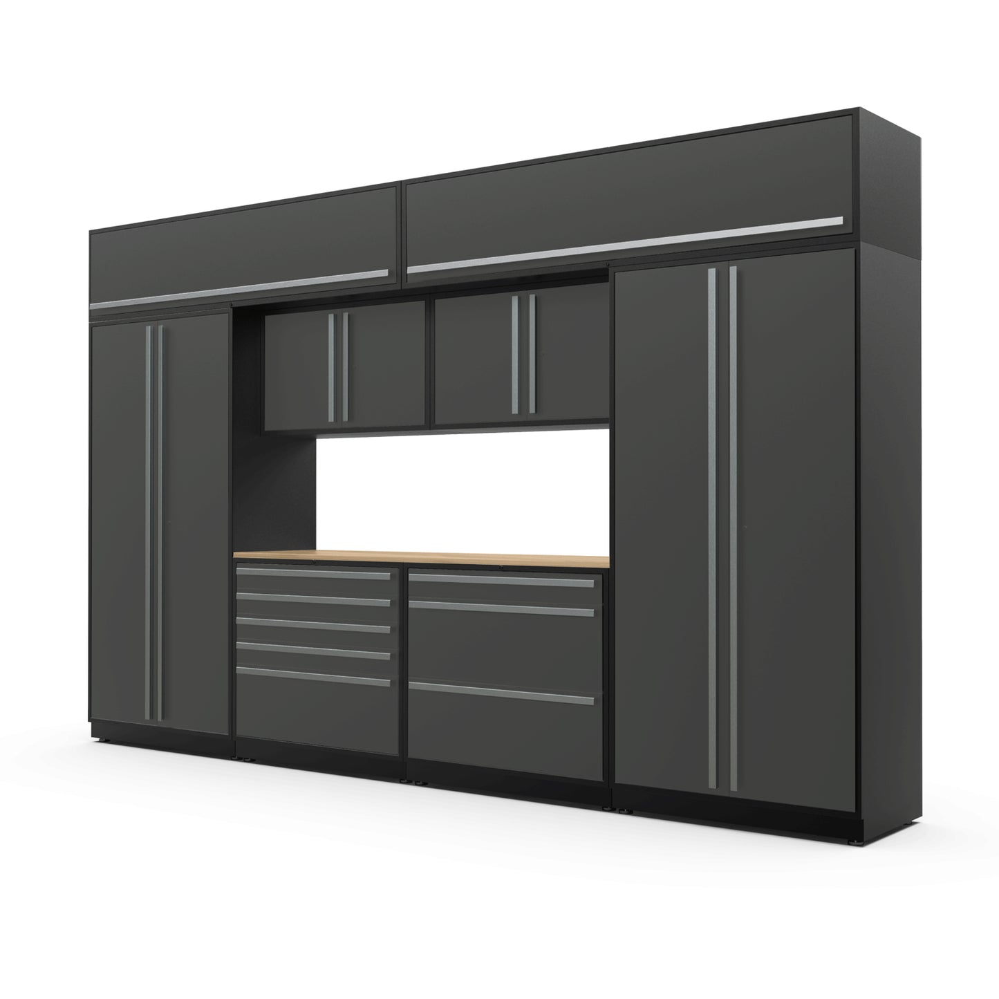 Proslat FusionPlus 13 ft TOOL garage cabinet set with overheads in Traffic Gray with Silver handles and a Maple Wood worktop