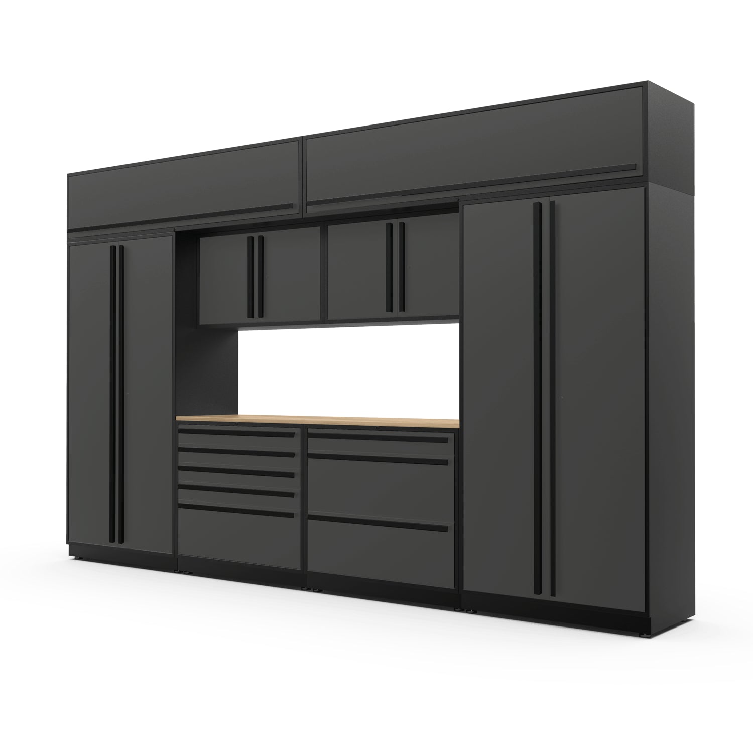 Proslat FusionPlus 13 ft TOOL garage cabinet set with overheads in Traffic Gray with Black handles and a Maple Wood worktop