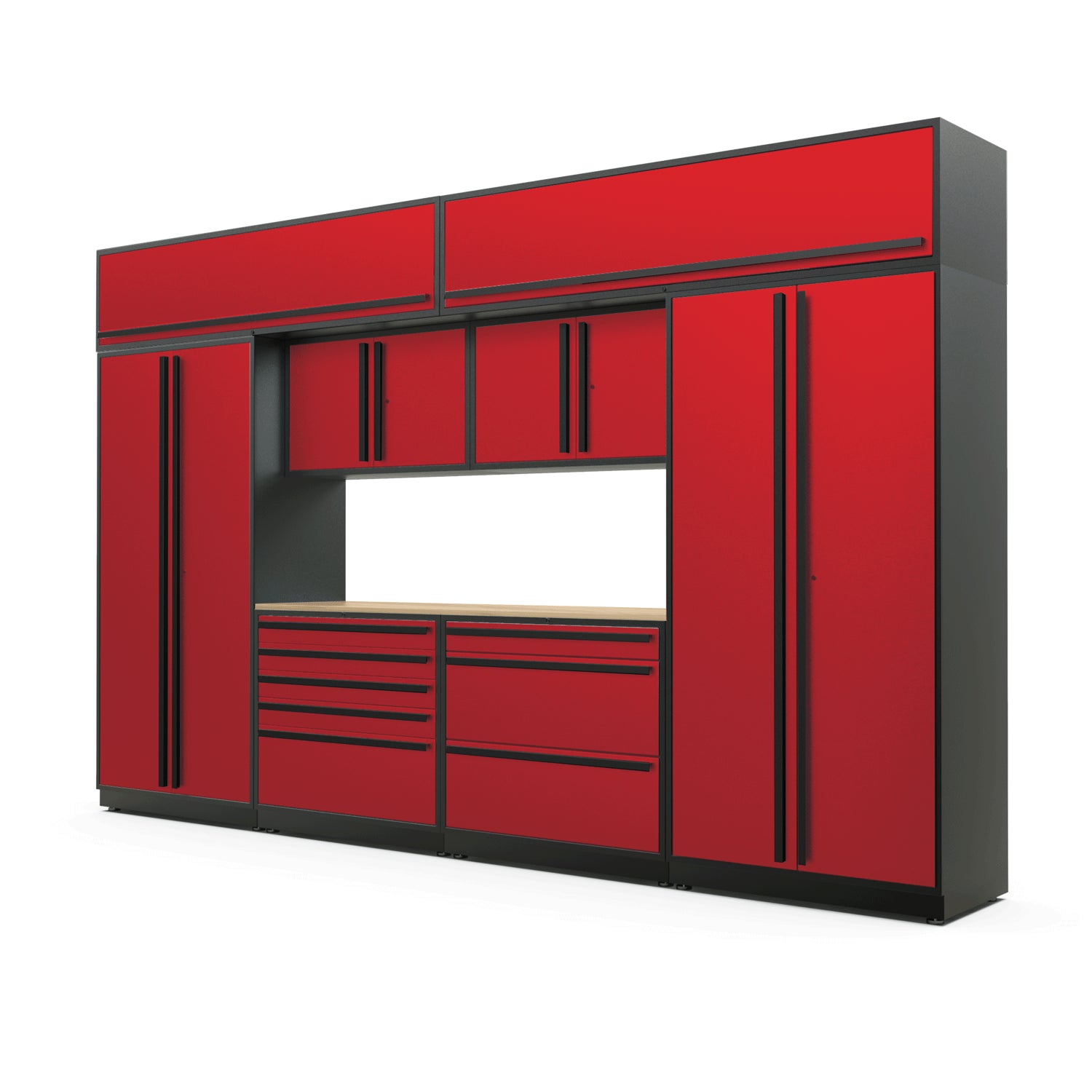 Proslat FusionPlus 13 ft TOOL garage cabinet set with overheads in Traffic Red with Black handles and a Maple Wood worktop