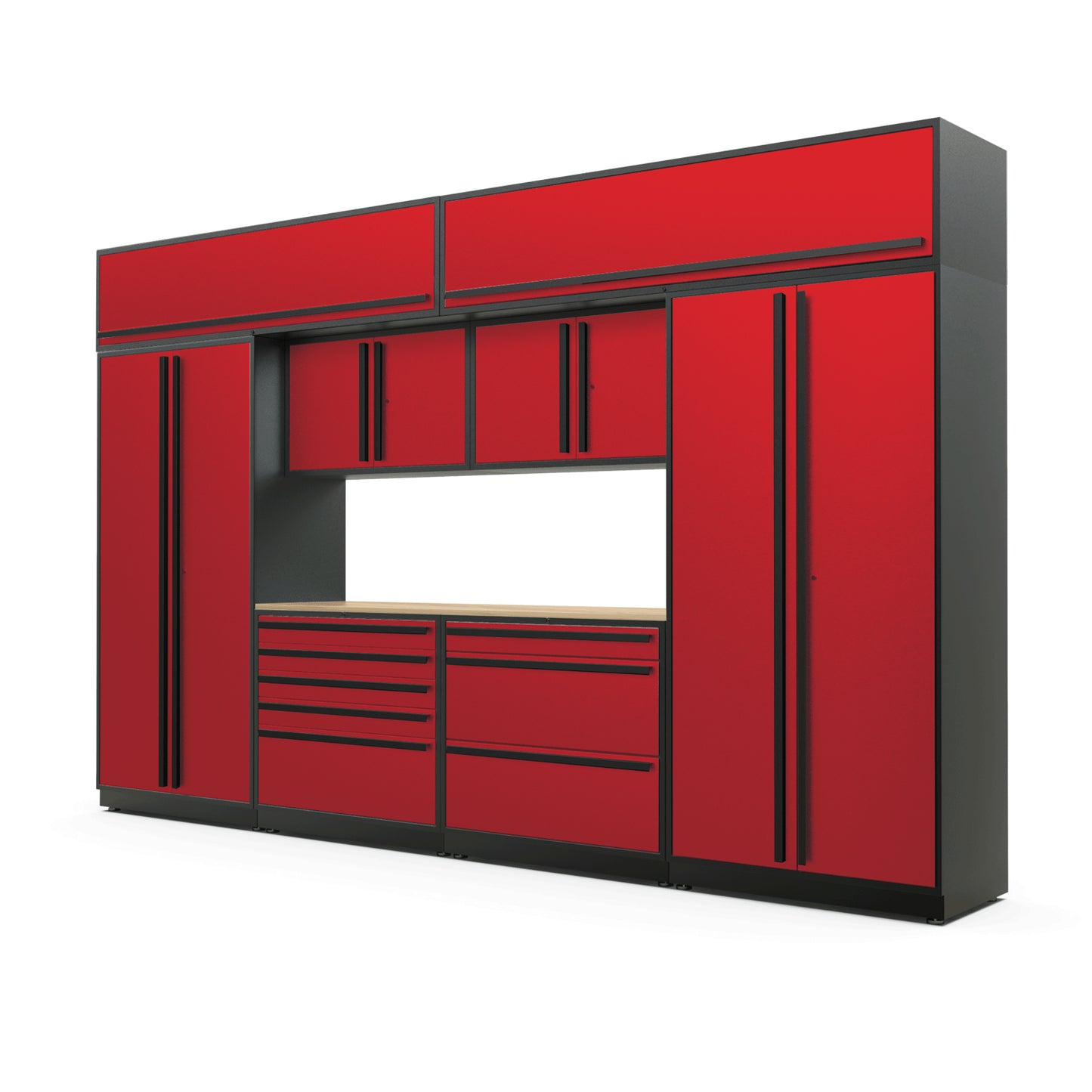 Proslat FusionPlus 13 ft TOOL garage cabinet set with overheads in Traffic Red with Black handles and a Maple Wood worktop