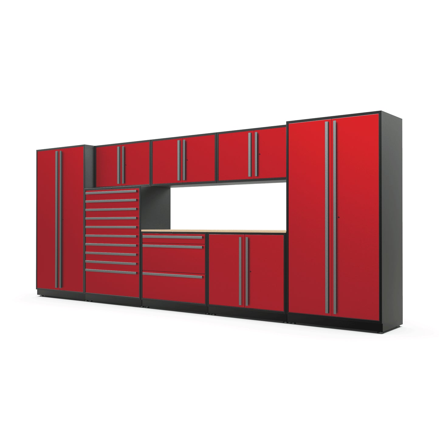 Proslat FusionPlus 16 ft TOOL garage cabinet set in Traffic Red with Silver handles and a Maple Wood worktop