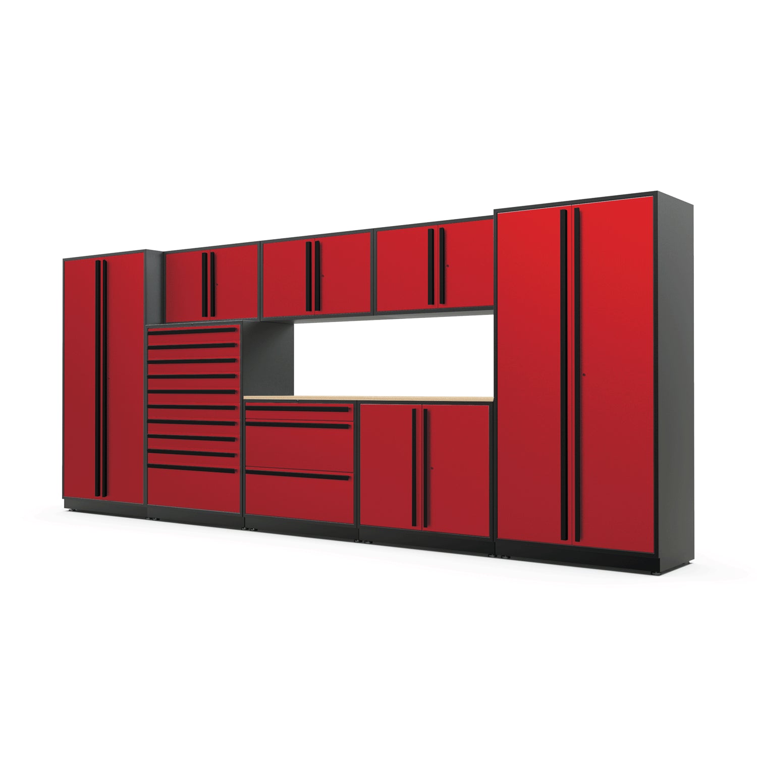 Proslat FusionPlus 16 ft TOOL garage cabinet set in Traffic Red with Black handles and a Maple Wood worktop