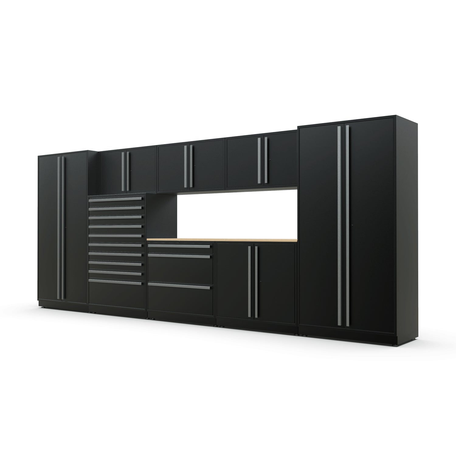 Proslat FusionPlus 16 ft TOOL garage cabinet set in Black with Silver handles and a Maple Wood worktop