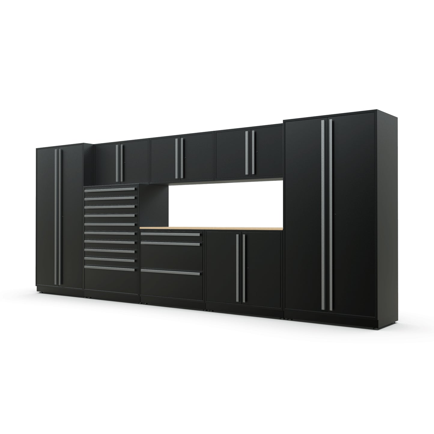 Proslat FusionPlus 16 ft TOOL garage cabinet set in Black with Silver handles and a Maple Wood worktop