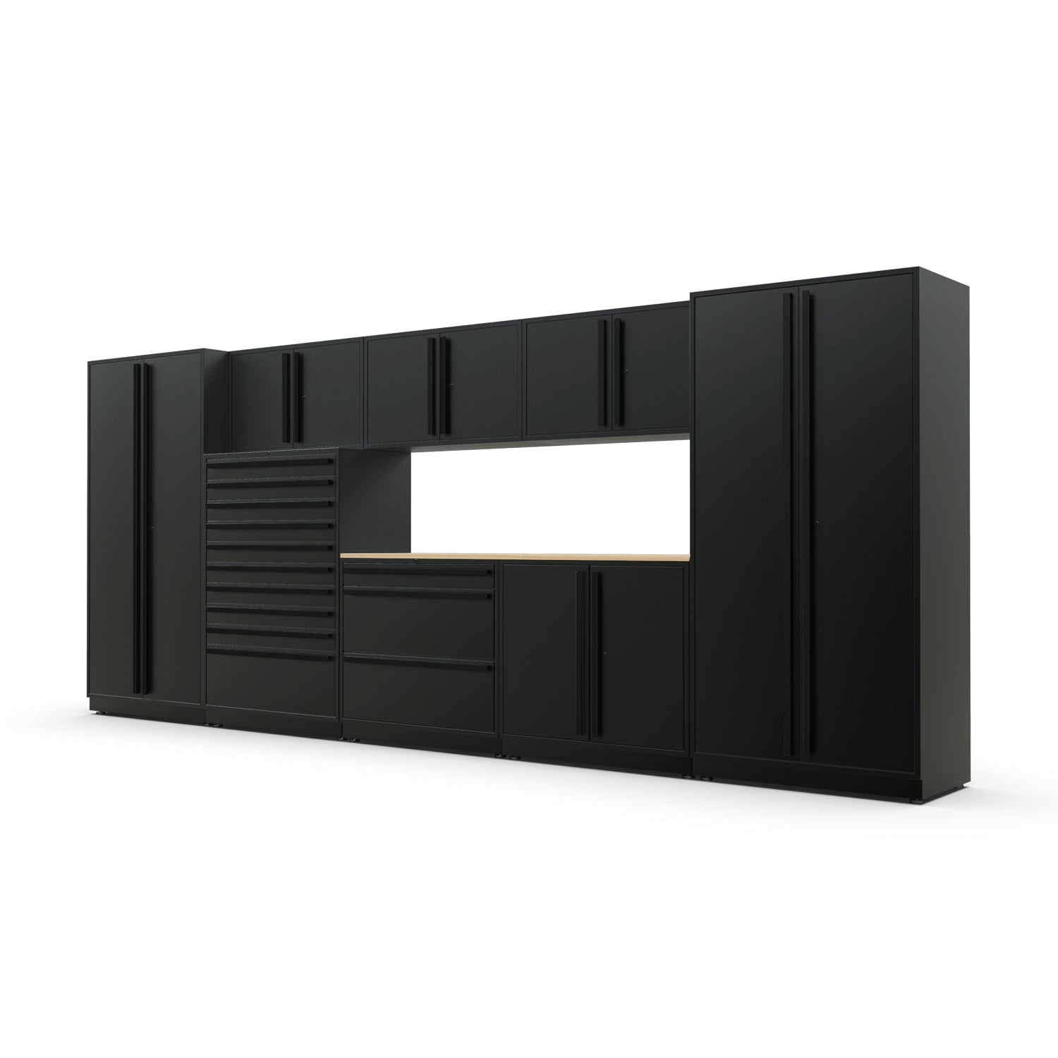 Proslat FusionPlus 16 ft TOOL garage cabinet set in Black with Black handles and a Maple Wood worktop