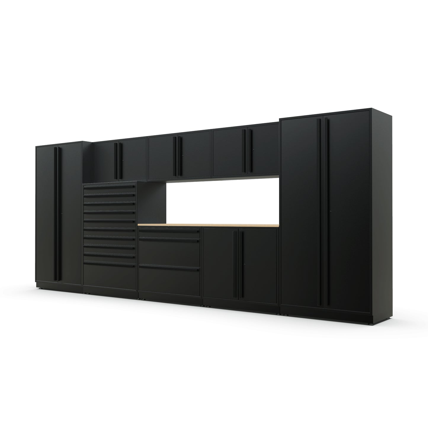 Proslat FusionPlus 16 ft TOOL garage cabinet set in Black with Black handles and a Maple Wood worktop