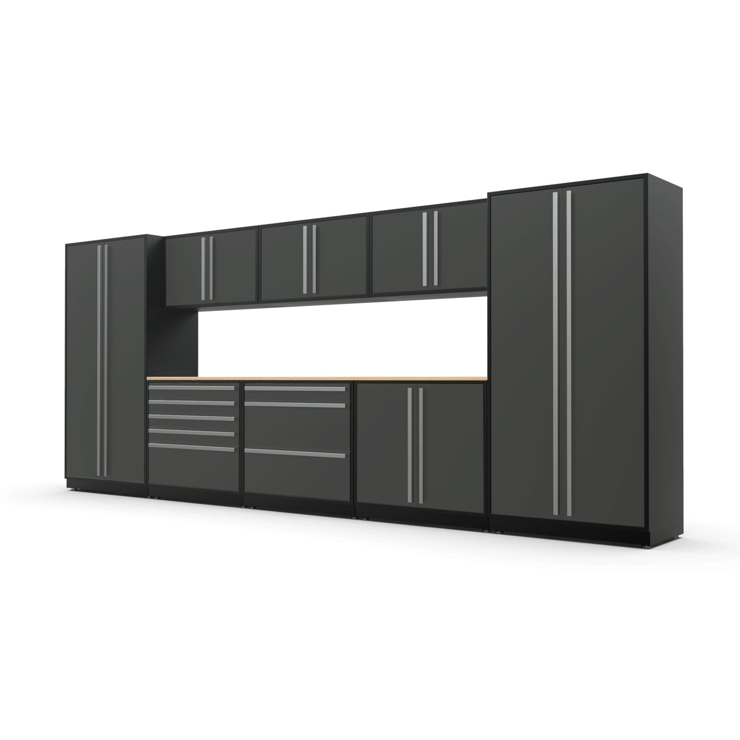 Proslat FusionPlus 16 ft MAX garage cabinet set in Traffic Gray with Silver handles and a Maple Wood worktop