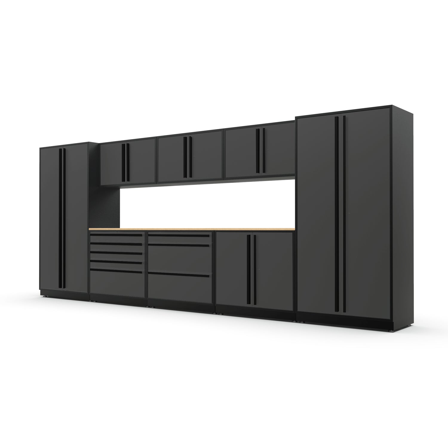 Proslat FusionPlus 16 ft MAX garage cabinet set in Traffic Gray with Black handles and a Maple Wood worktop