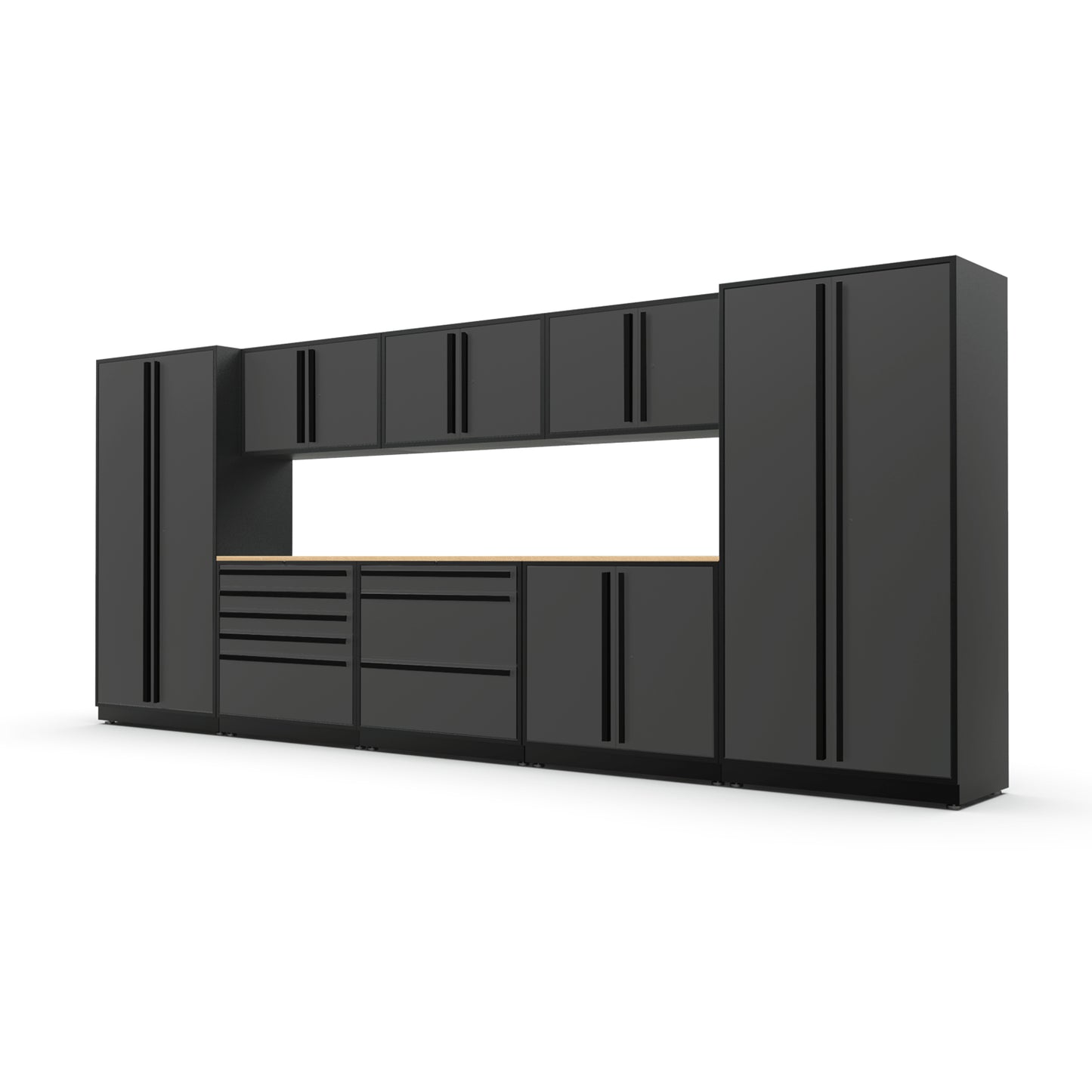 Proslat FusionPlus 16 ft MAX garage cabinet set in Traffic Gray with Black handles and a Maple Wood worktop