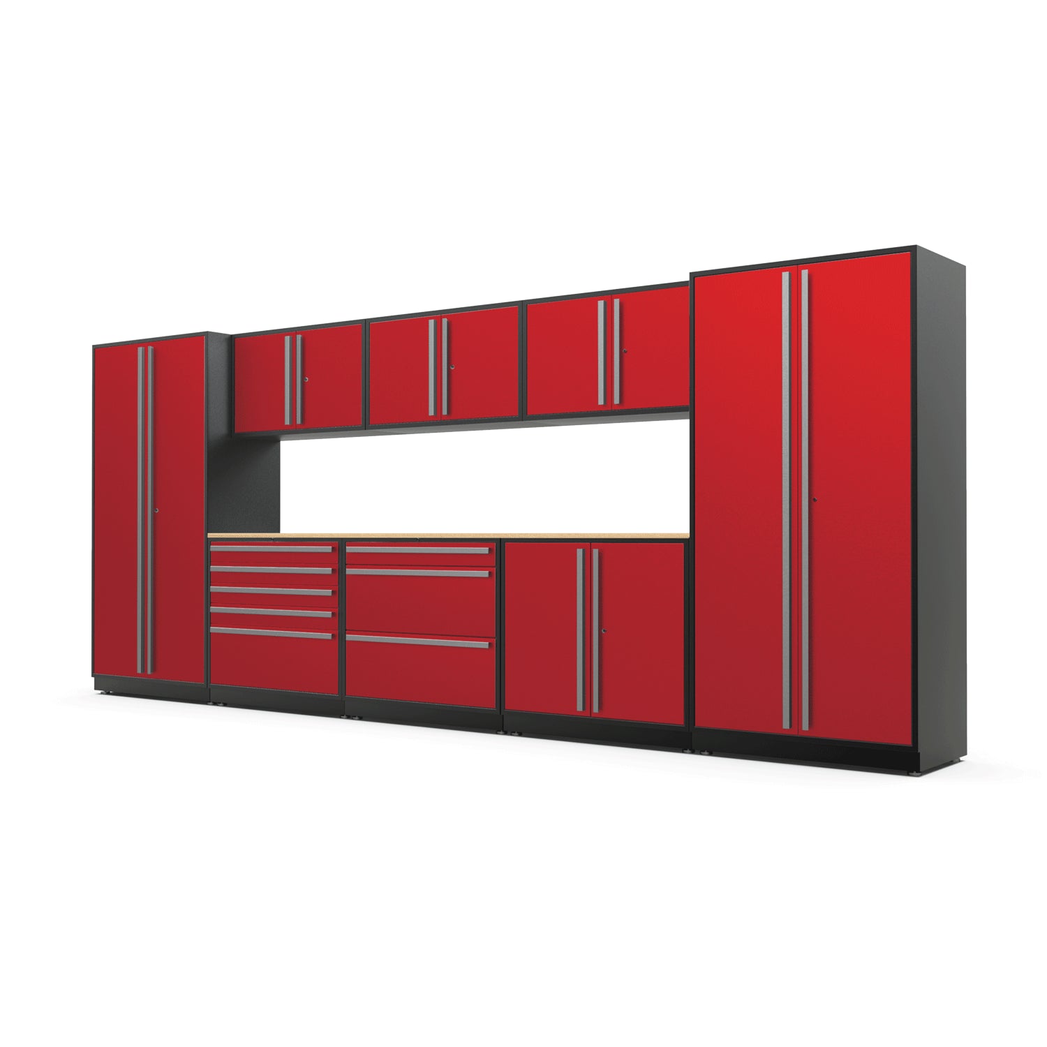 Proslat FusionPlus 16 ft MAX garage cabinet set in Traffic Red with Silver handles and a Maple Wood worktop