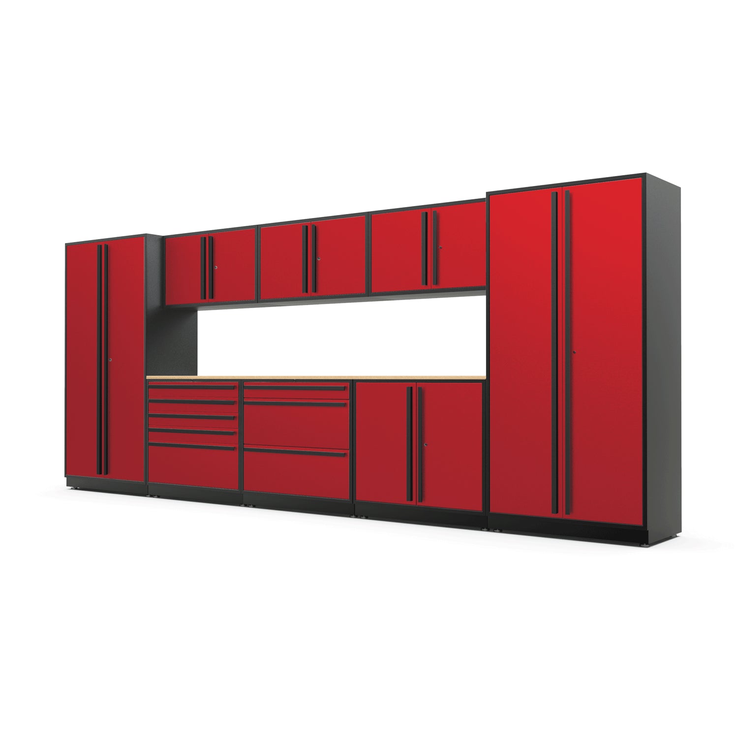 Proslat FusionPlus 16 ft MAX garage cabinet set in Traffic Red with Black handles and a Maple Wood worktop