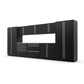 Proslat FusionPlus 16 ft MAX garage cabinet set in Black with Silver handles and a Maple Wood worktop