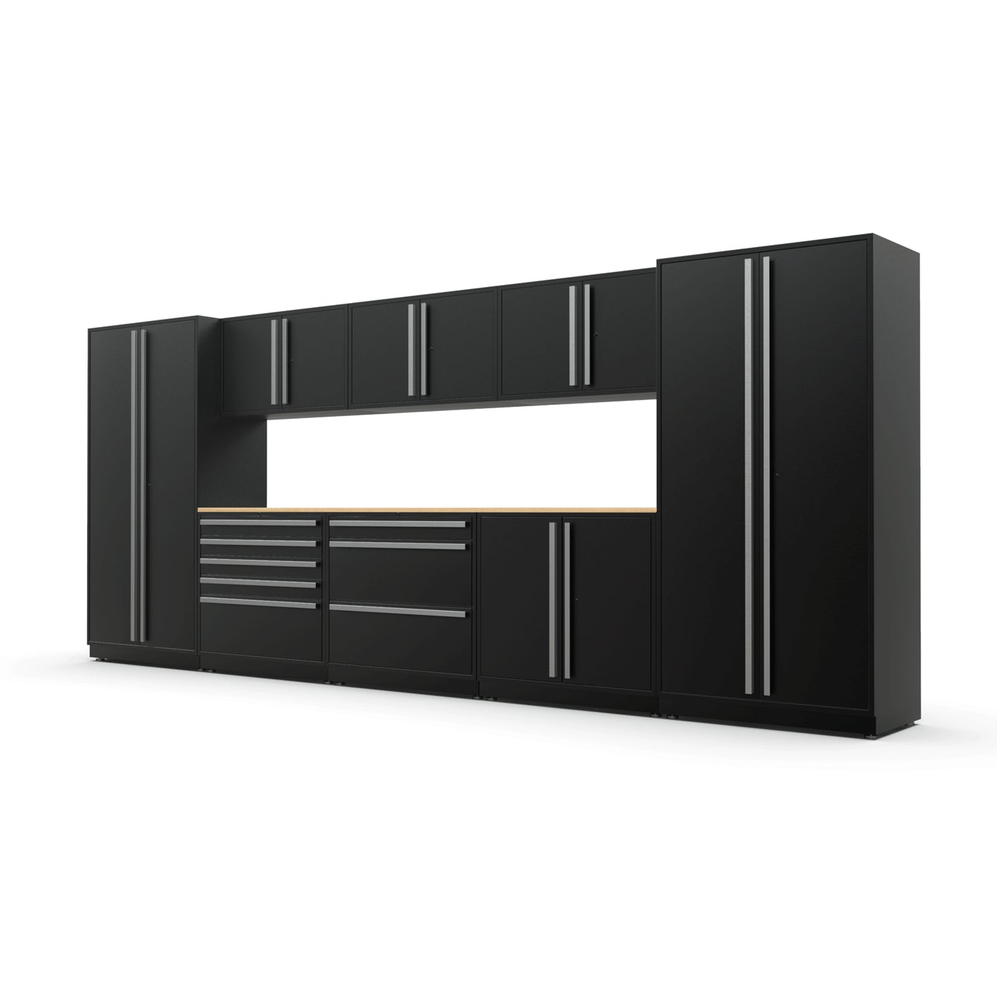 Proslat FusionPlus 16 ft MAX garage cabinet set in Black with Silver handles and a Maple Wood worktop