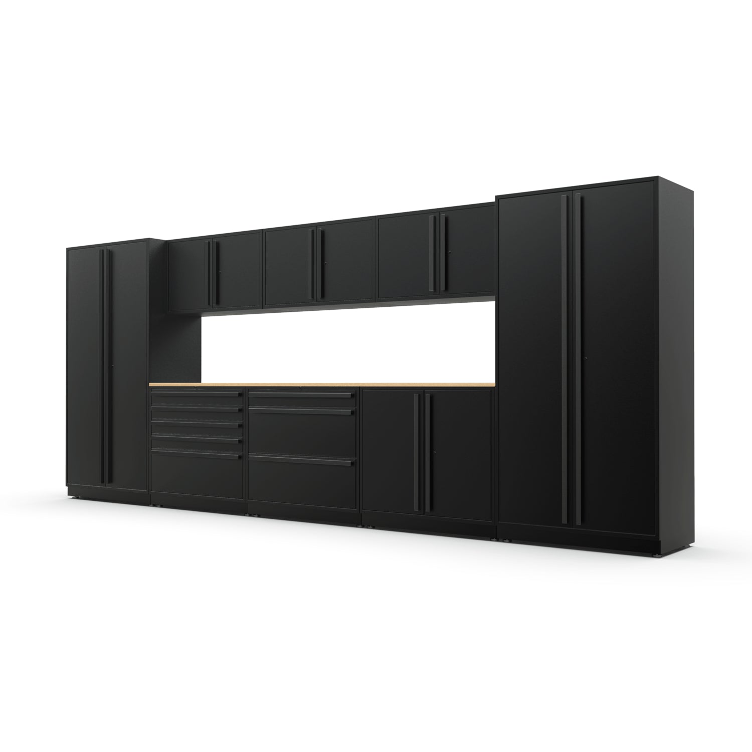 Proslat FusionPlus 16 ft MAX garage cabinet set in Black with Black handles and a Maple Wood worktop