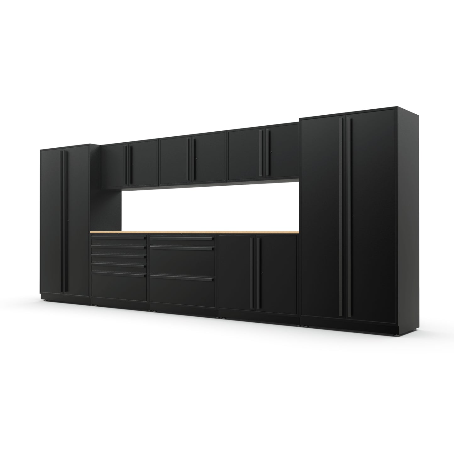 Proslat FusionPlus 16 ft MAX garage cabinet set in Black with Black handles and a Maple Wood worktop