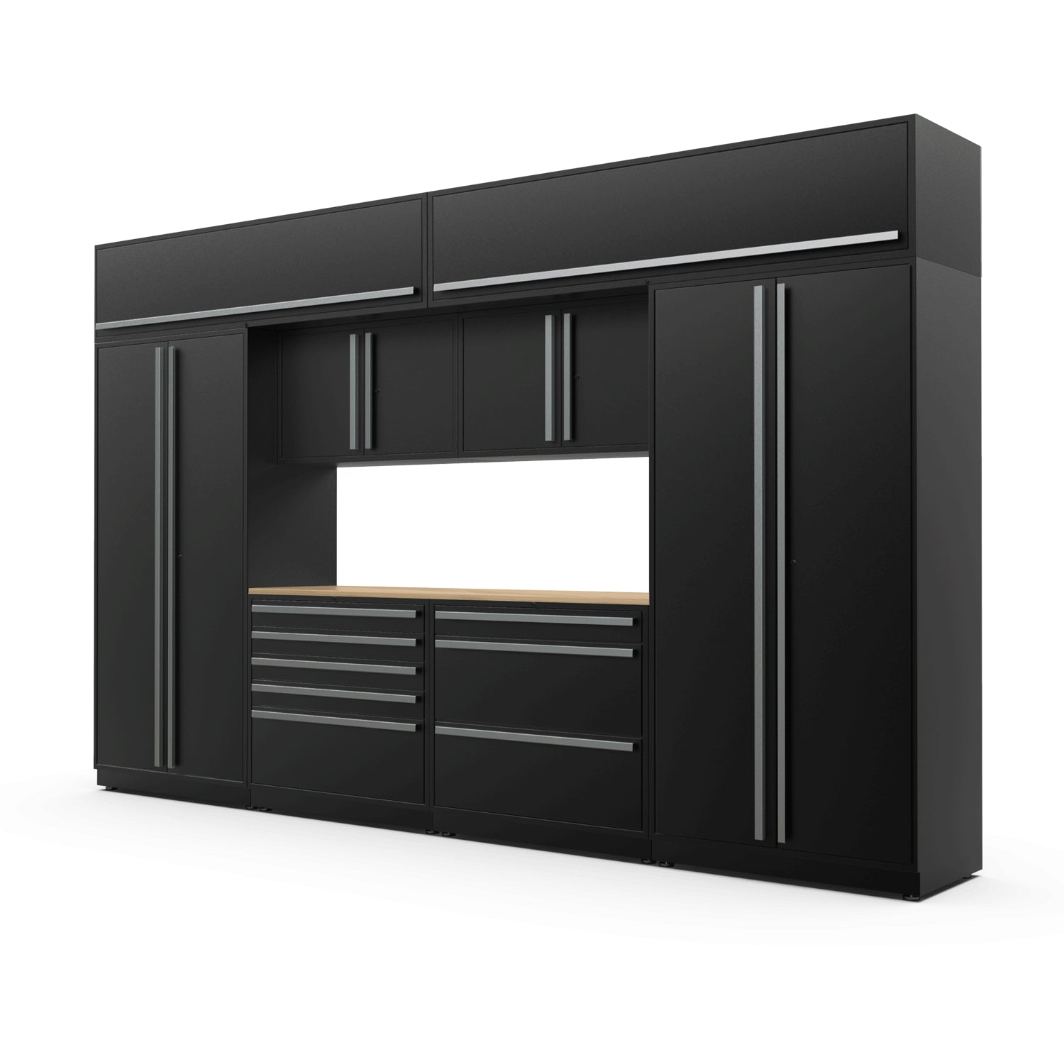 Proslat FusionPlus 13 ft TOOL garage cabinet set with overheads in Black with Silver handles and a Maple Wood worktop