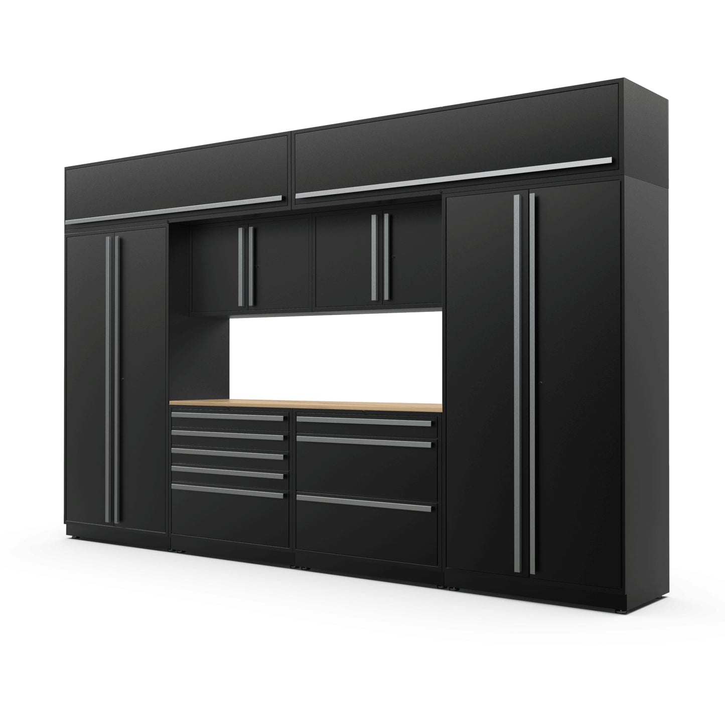 Proslat FusionPlus 13 ft TOOL garage cabinet set with overheads in Black with Silver handles and a Maple Wood worktop