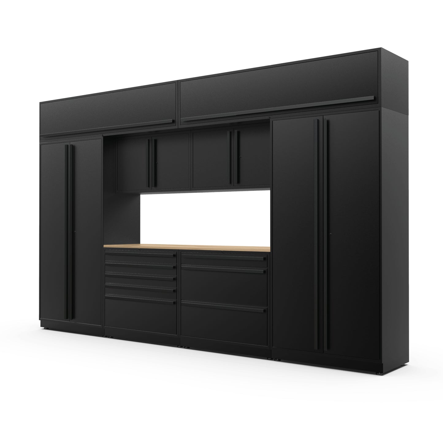 Proslat FusionPlus 13 ft TOOL garage cabinet set with overheads in Black with Black handles and a Maple Wood worktop