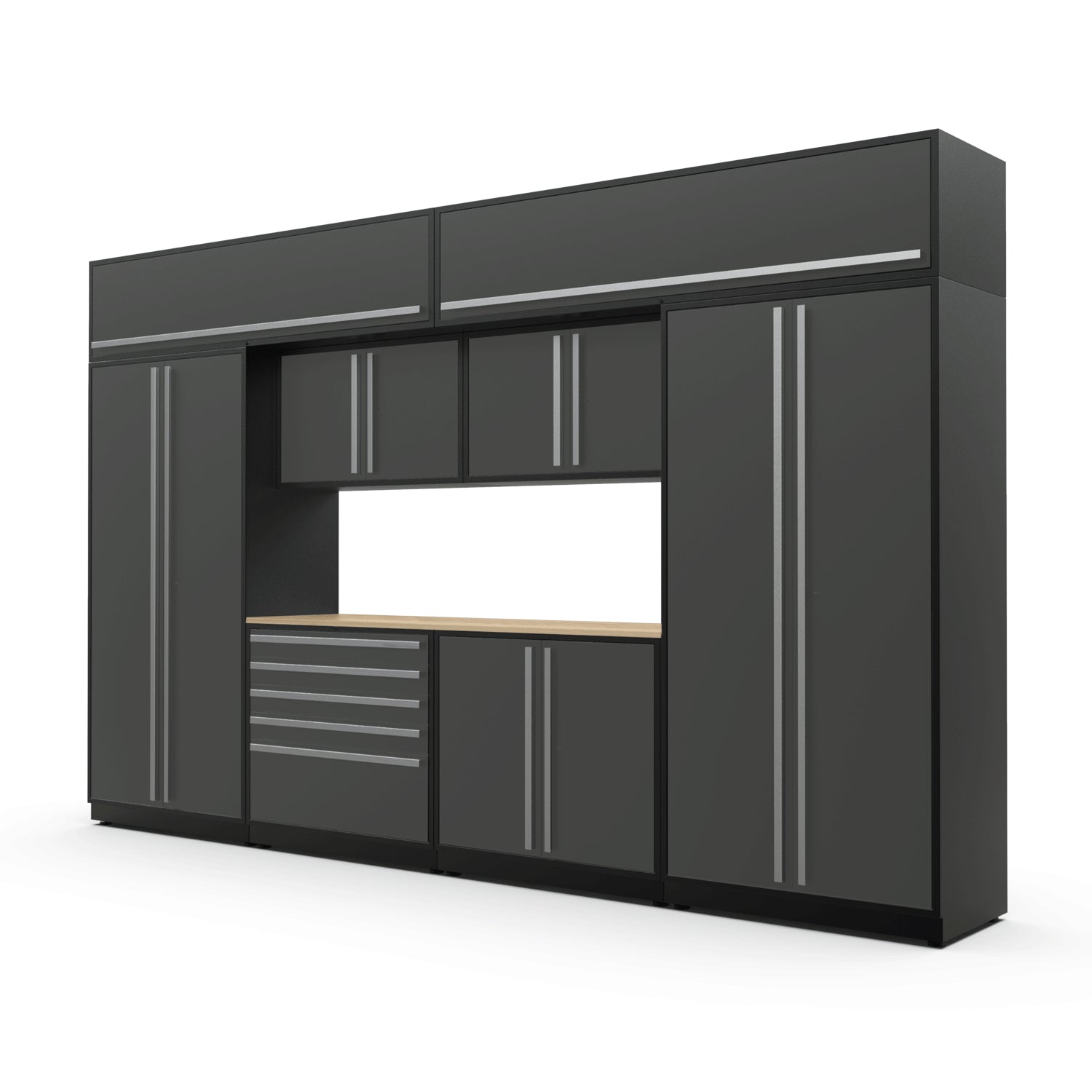Proslat FusionPlus 13 ft MAX cabinet set with overheads in Traffic Gray with Silver handles and a Maple Wood worktop