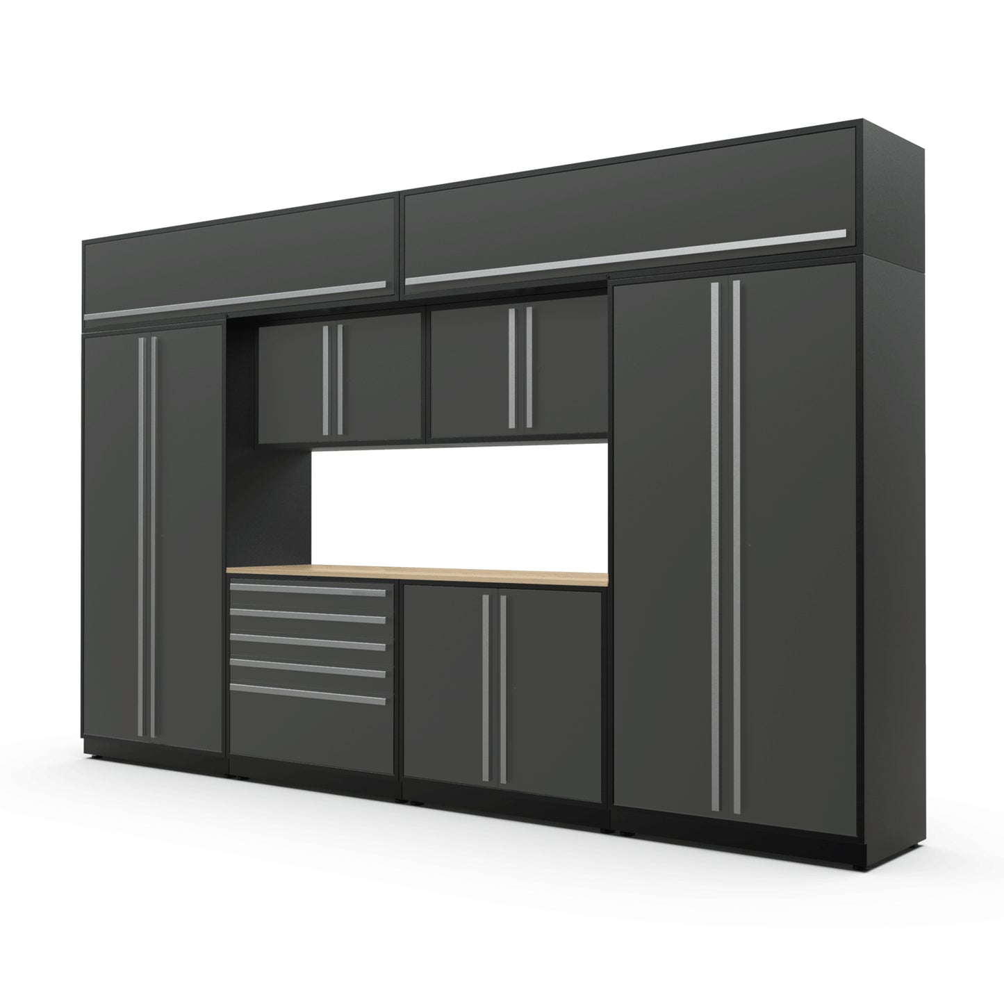 Proslat FusionPlus 13 ft MAX cabinet set with overheads in Traffic Gray with Silver handles and a Maple Wood worktop