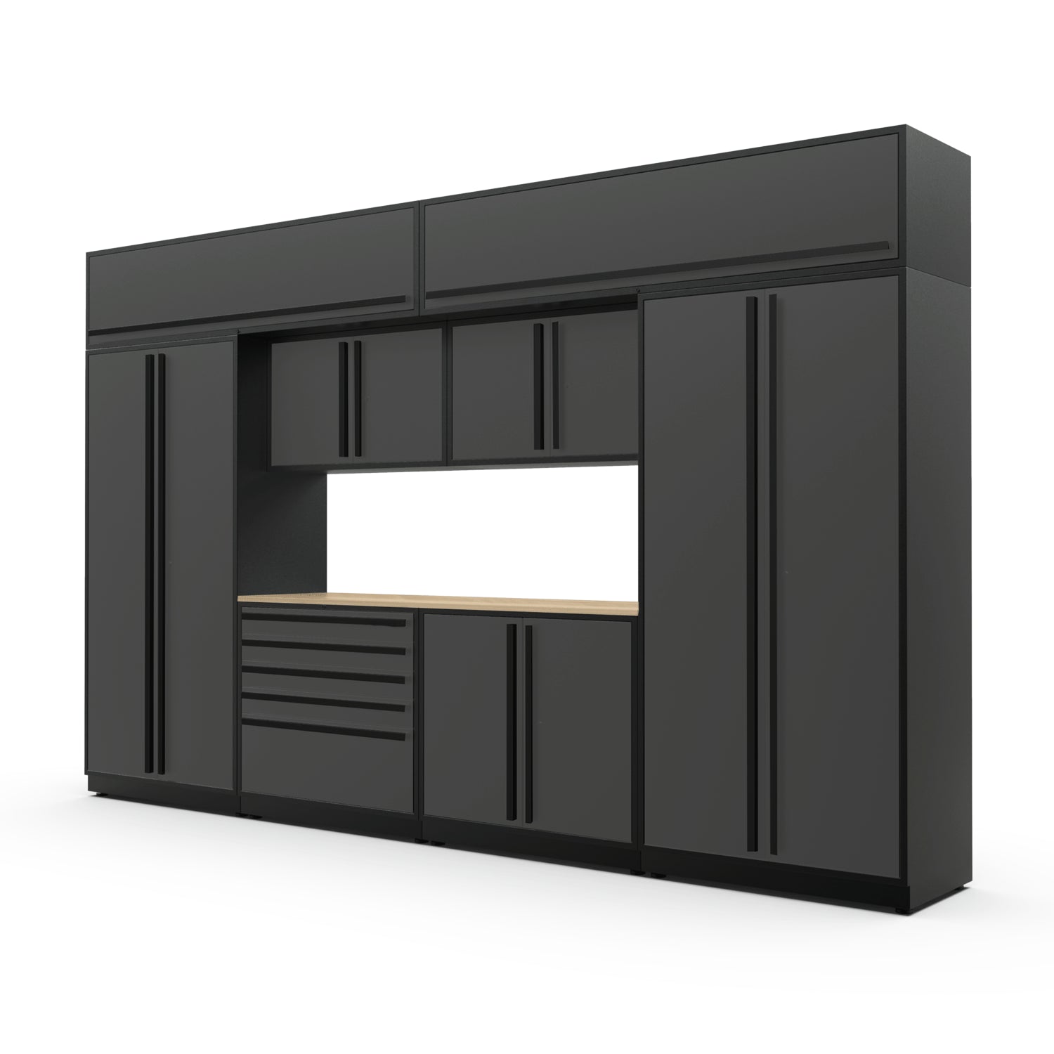 Proslat FusionPlus 13 ft MAX cabinet set with overheads in Traffic Gray with Black handles and a Maple Wood worktop