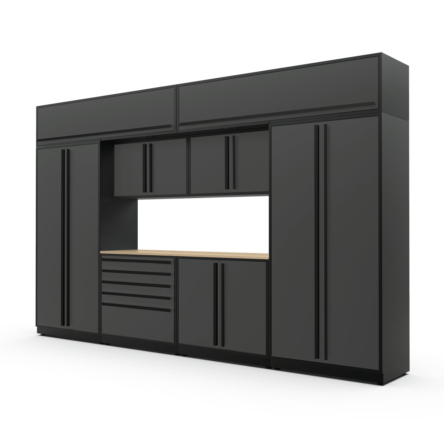 Proslat FusionPlus 13 ft MAX cabinet set with overheads in Traffic Gray with Black handles and a Maple Wood worktop