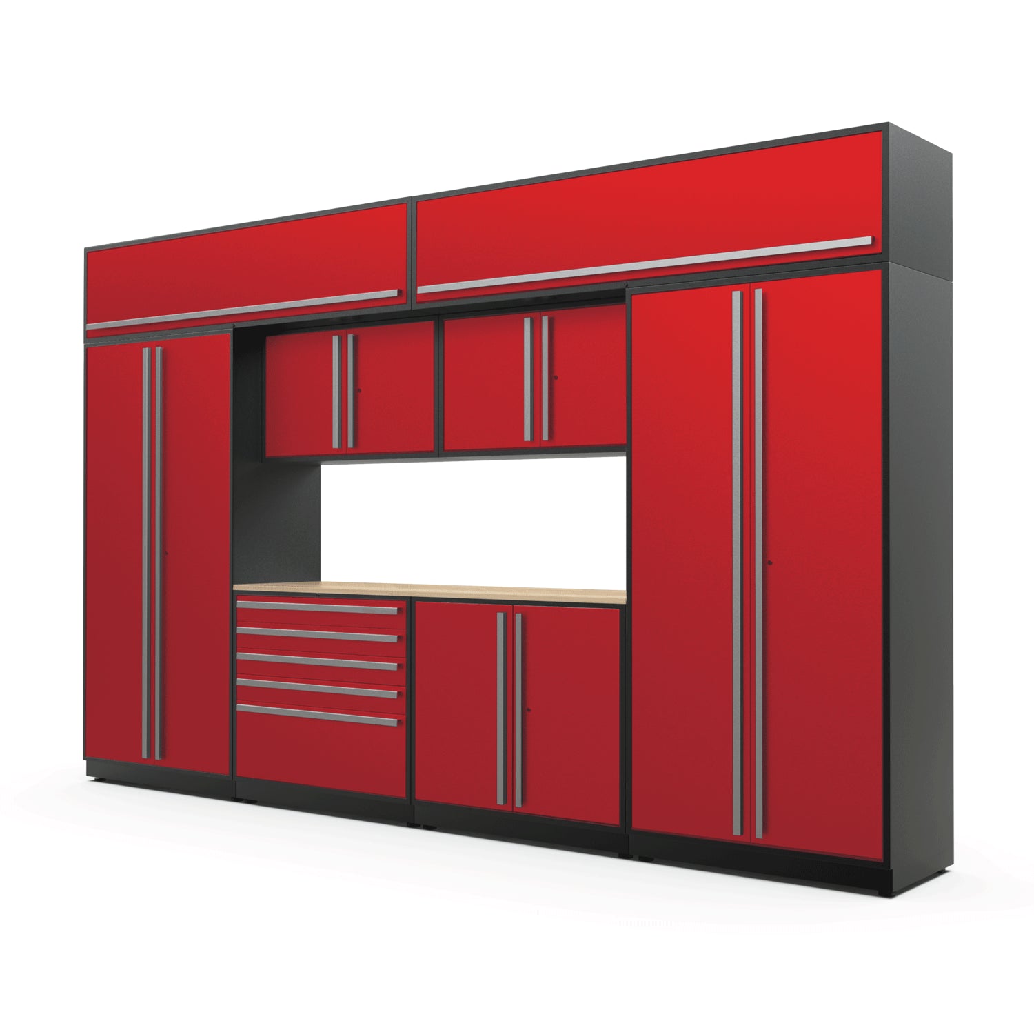 Proslat FusionPlus 13 ft MAX cabinet set with overheads in Traffic Red with Silver handles and a Maple Wood worktop
