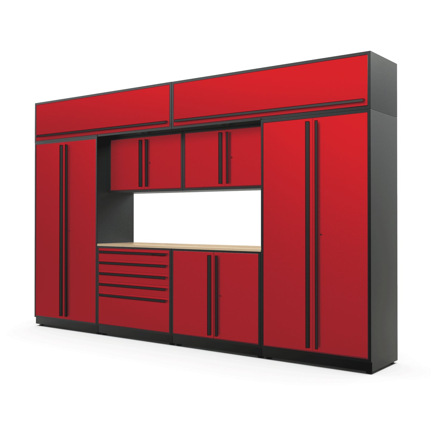 Proslat FusionPlus 13 ft MAX cabinet set with overheads in Traffic Red with Black handles and a Maple Wood worktop