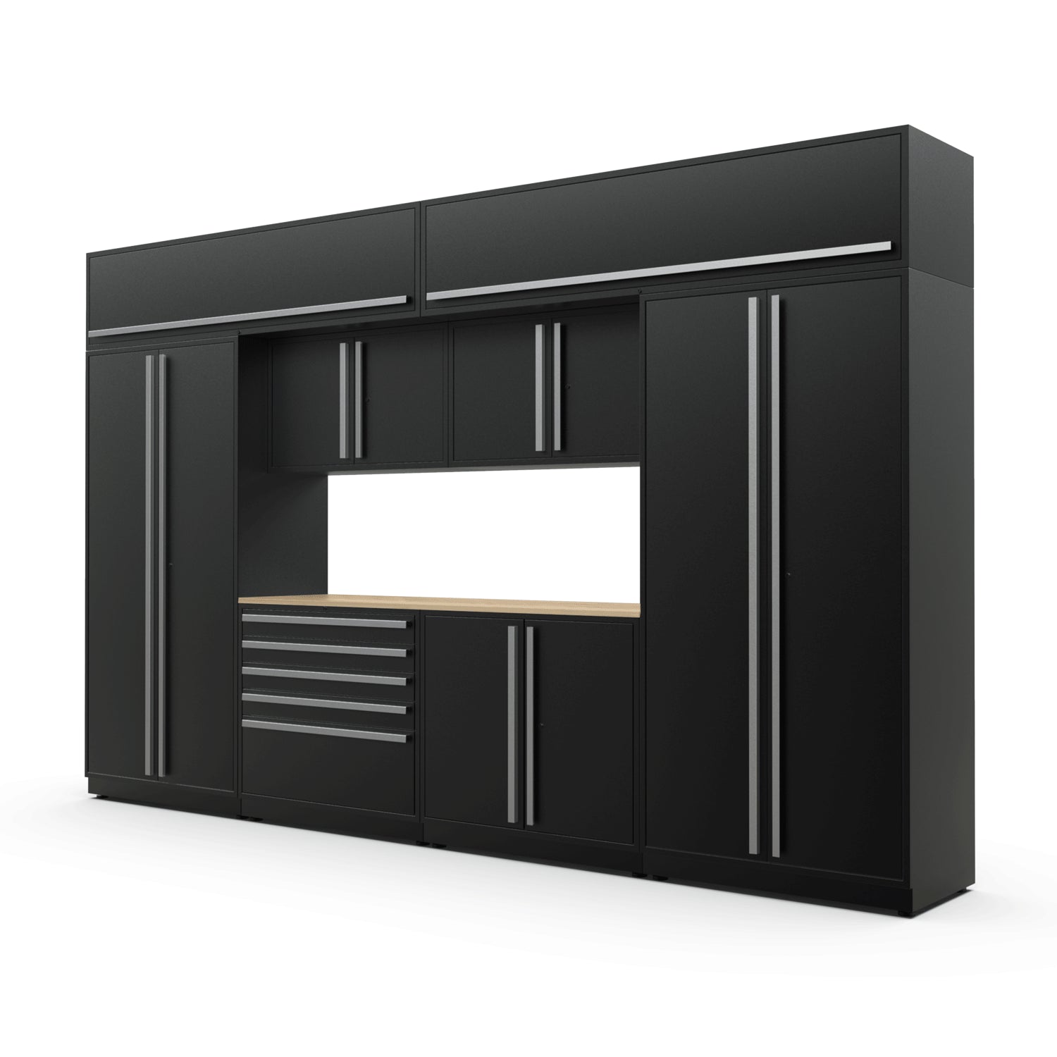 Proslat FusionPlus 13 ft MAX cabinet set with overheads in Black with Silver handles and a Maple Wood worktop