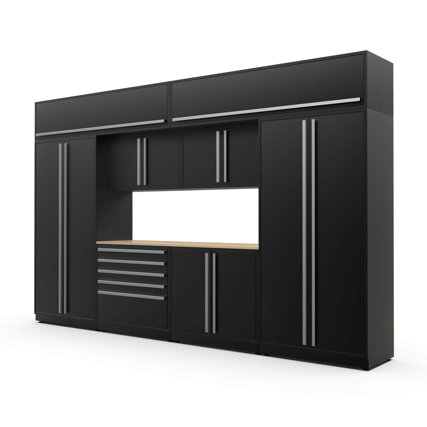 Proslat FusionPlus 13 ft MAX cabinet set with overheads in Black with Silver handles and a Maple Wood worktop