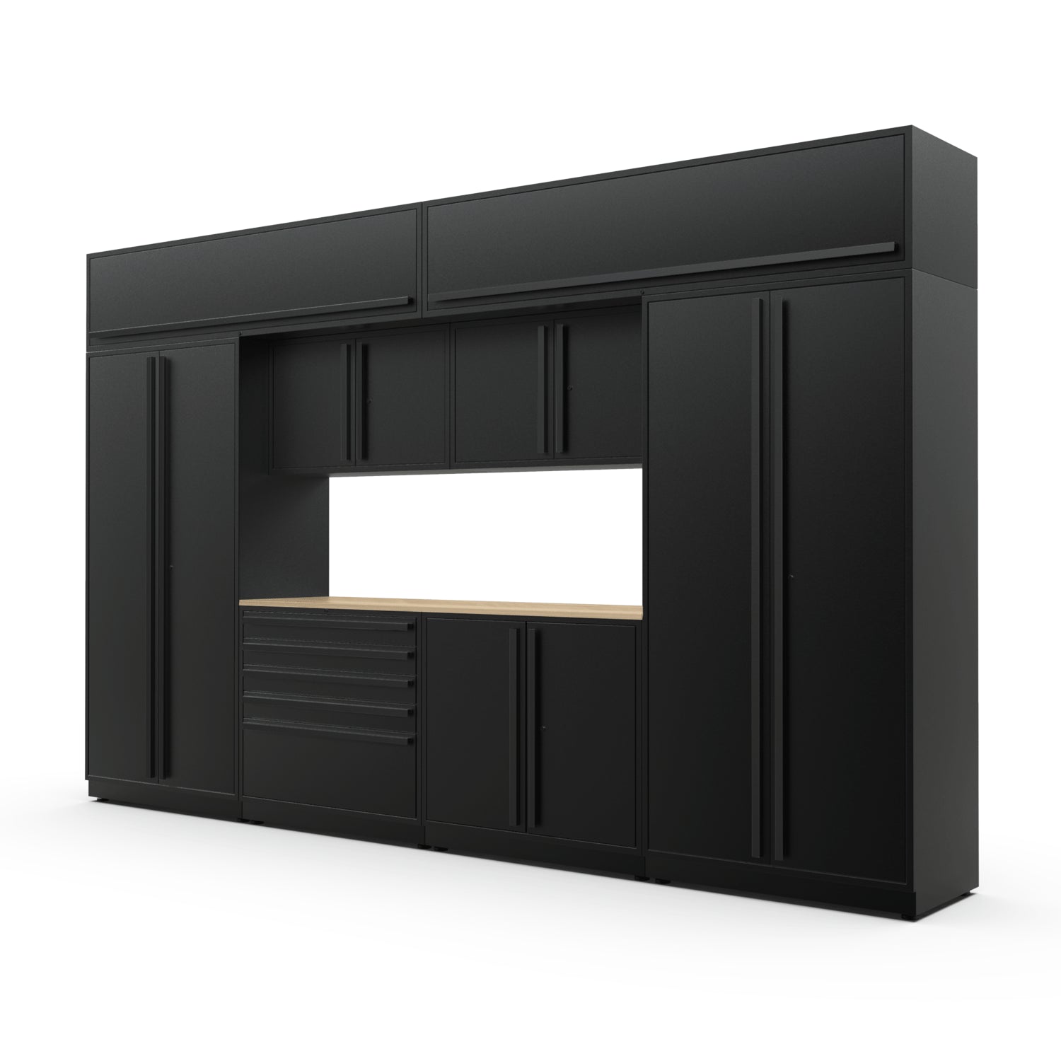 Proslat FusionPlus 13 ft MAX cabinet set with overheads in Black with Black handles and a Maple Wood worktop