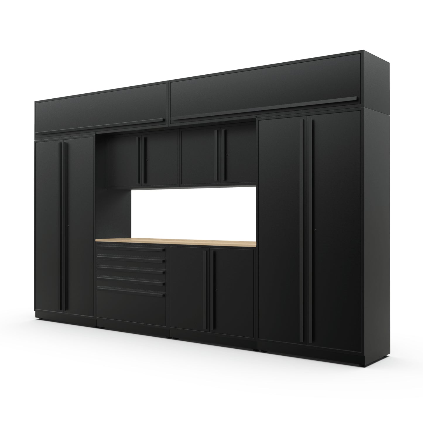 Proslat FusionPlus 13 ft MAX cabinet set with overheads in Black with Black handles and a Maple Wood worktop