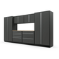 Proslat FusionPlus 13 ft TOOL garage cabinet set in Traffic Gray with Silver handles and a Maple Wood worktop