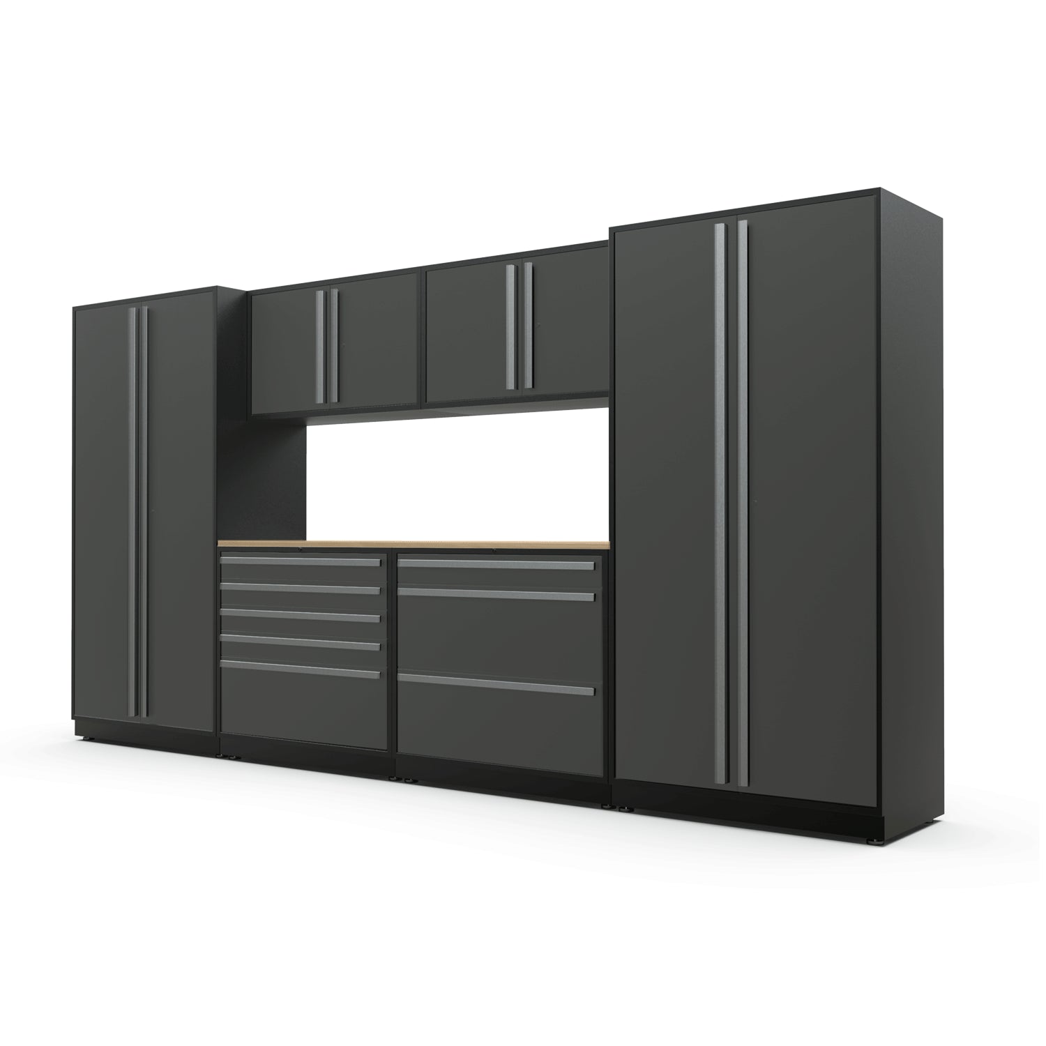 Proslat FusionPlus 13 ft TOOL garage cabinet set in Traffic Gray with Silver handles and a Maple Wood worktop