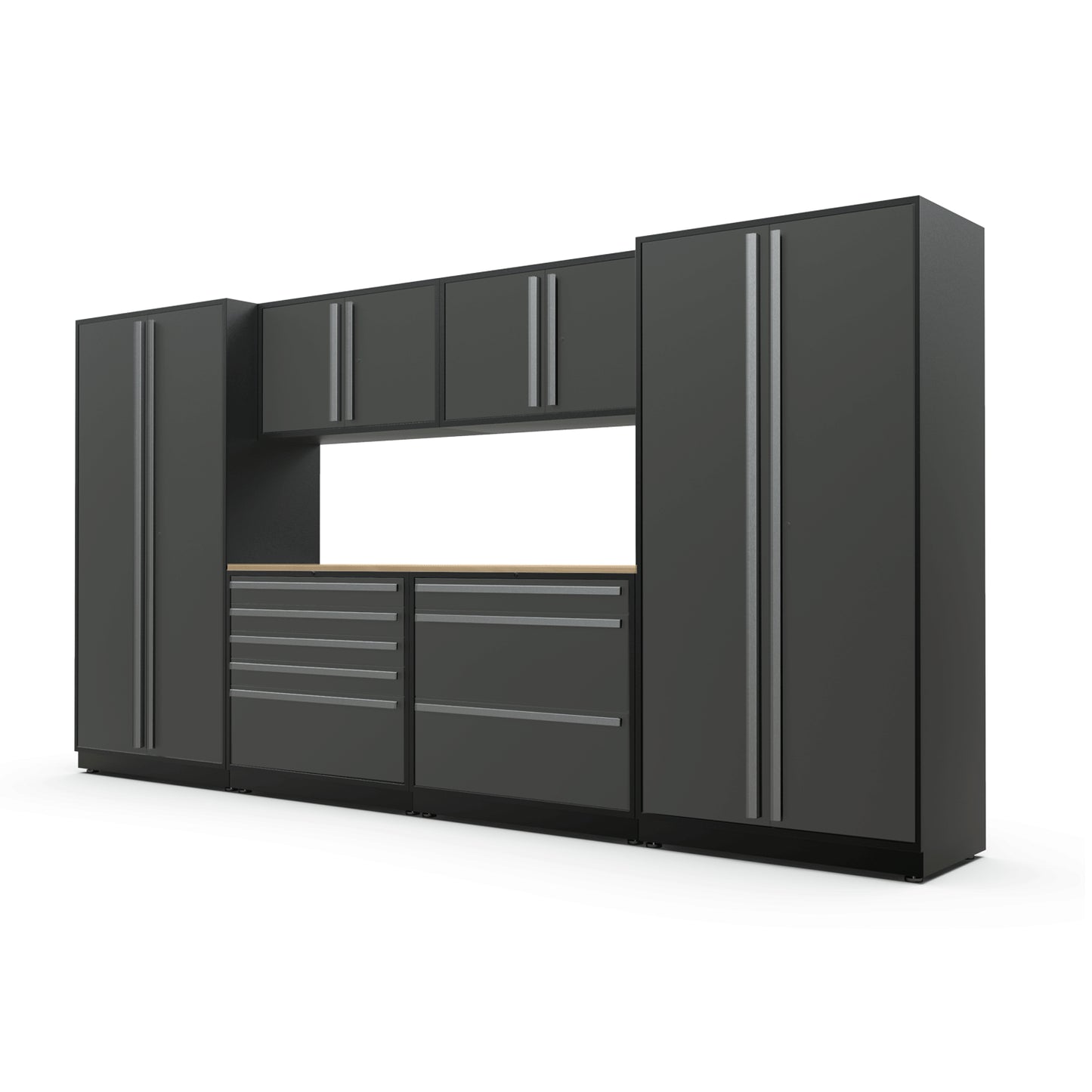 Proslat FusionPlus 13 ft TOOL garage cabinet set in Traffic Gray with Silver handles and a Maple Wood worktop