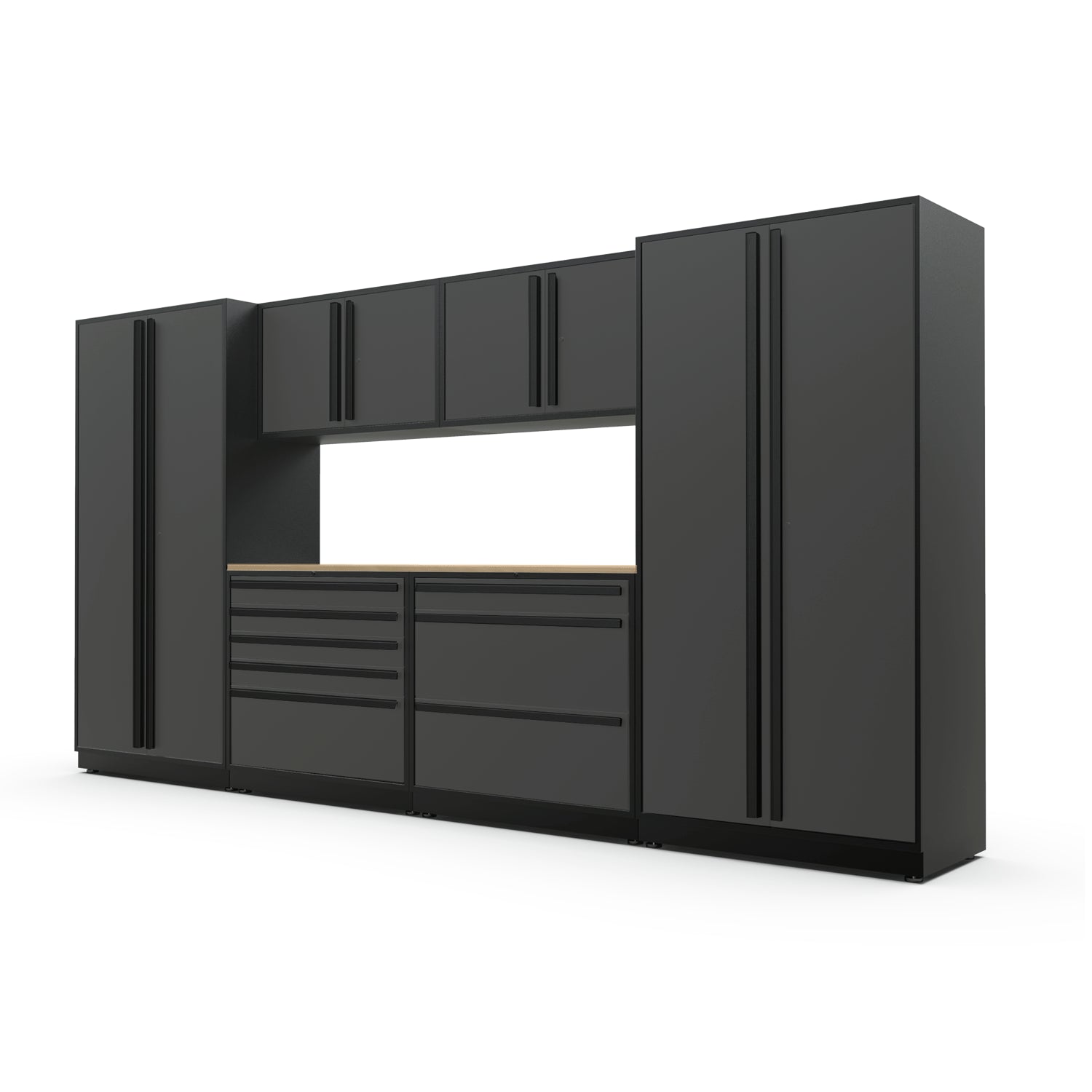 Proslat FusionPlus 13 ft TOOL garage cabinet set in Traffic Gray with Black handles and a Maple Wood worktop
