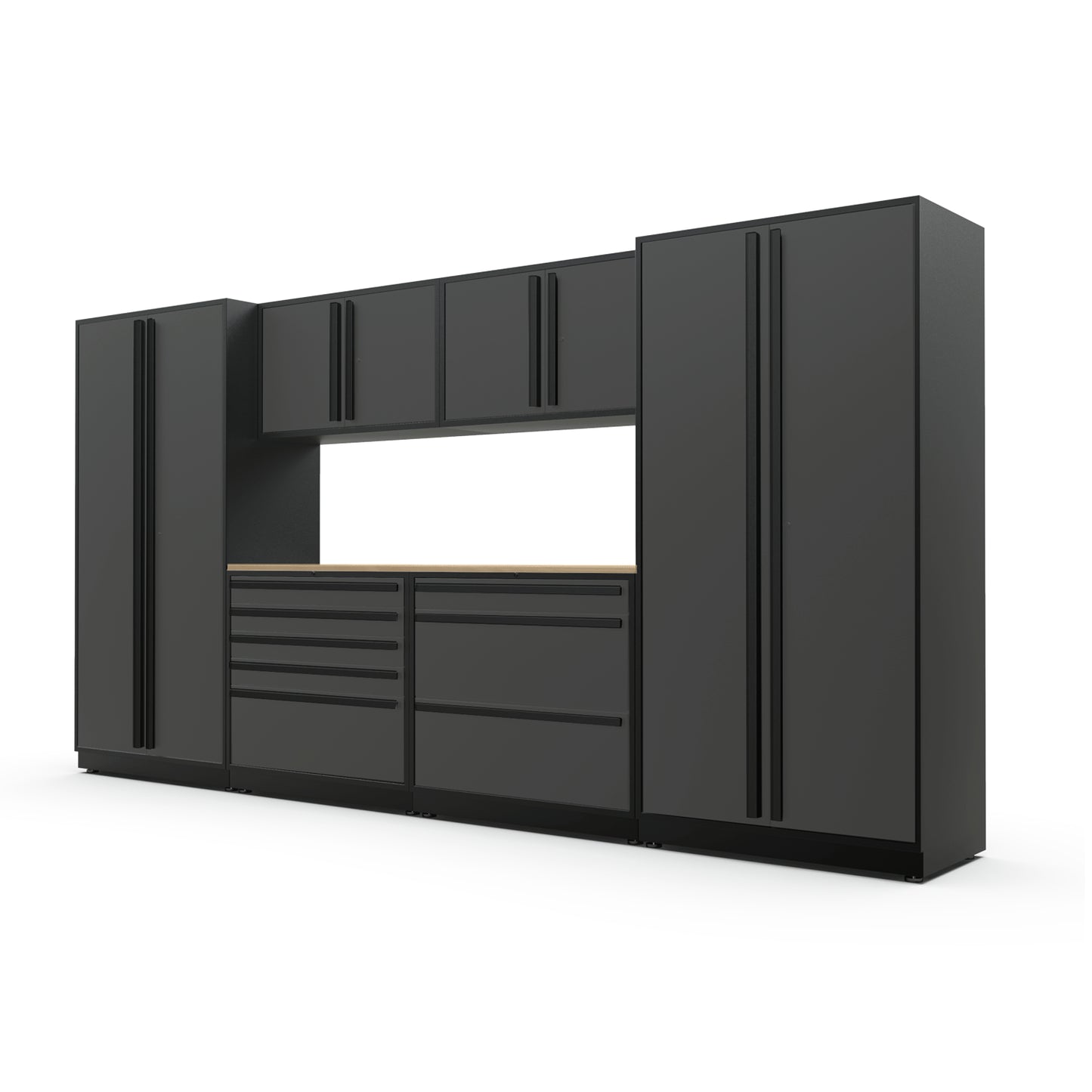 Proslat FusionPlus 13 ft TOOL garage cabinet set in Traffic Gray with Black handles and a Maple Wood worktop