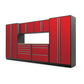 Proslat FusionPlus 13 ft TOOL garage cabinet set in Traffic Red with Silver handles and a Maple Wood worktop