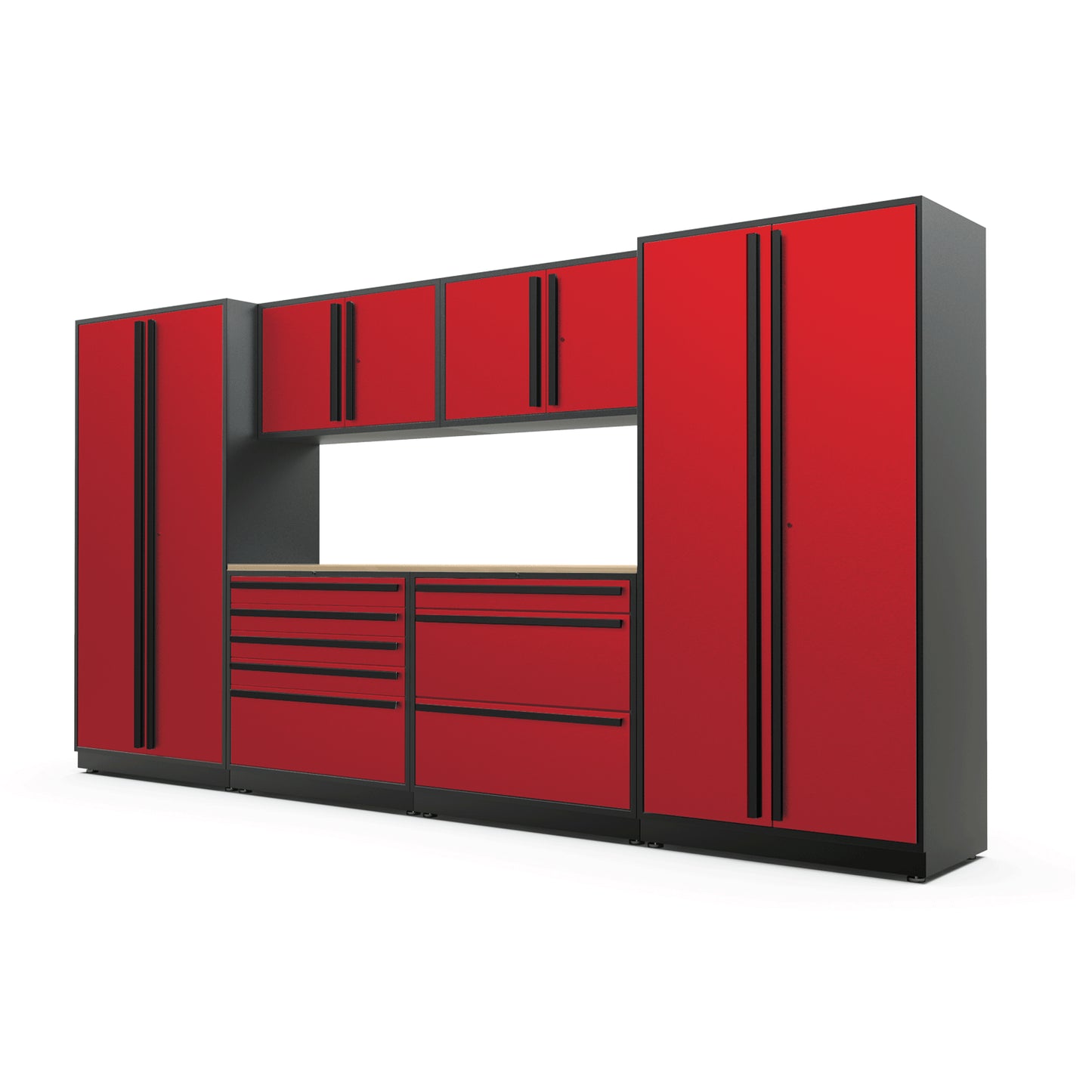 Proslat FusionPlus 13 ft TOOL garage cabinet set in Traffic Red with Black handles and a Maple Wood worktop
