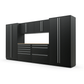 Proslat FusionPlus 13 ft TOOL garage cabinet set in Black with Silver handles and a Maple Wood worktop