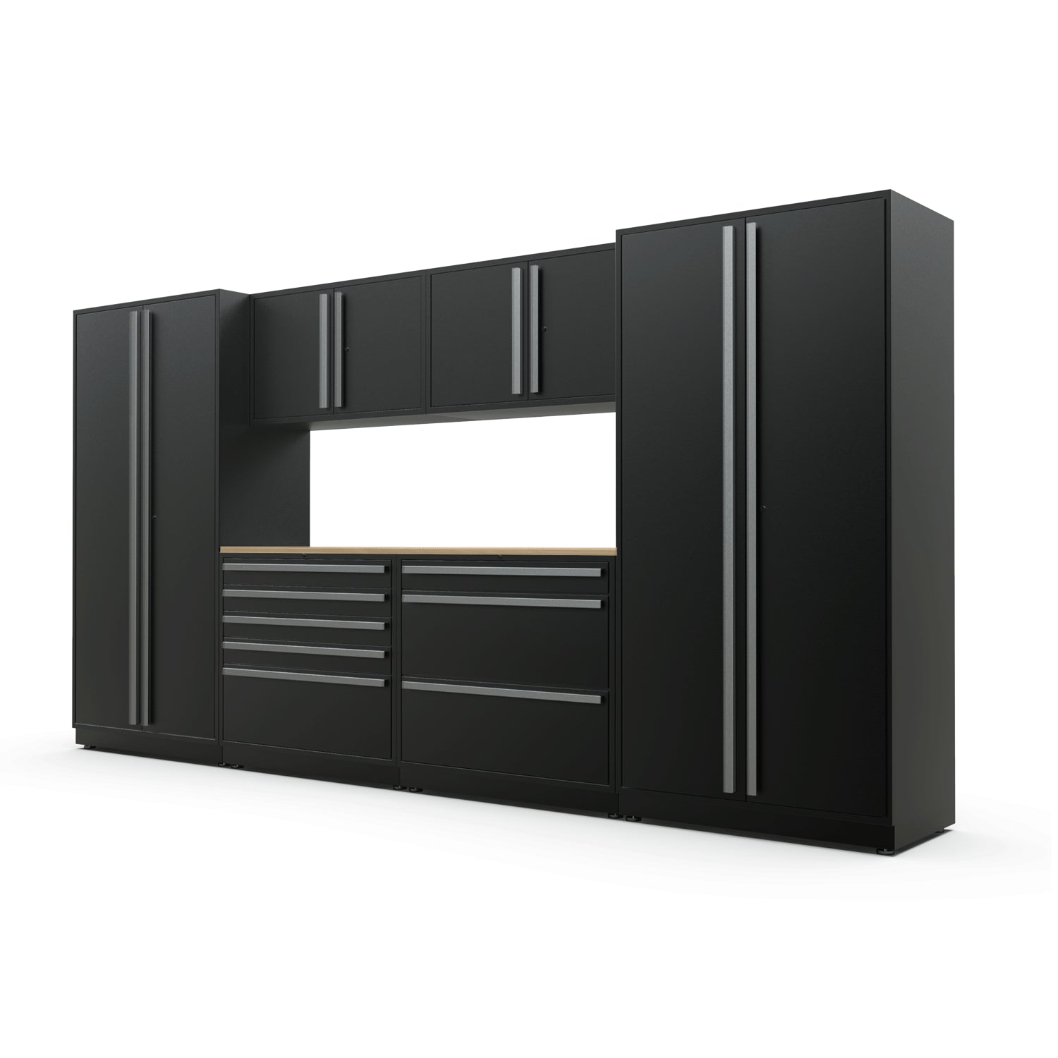 Proslat FusionPlus 13 ft TOOL garage cabinet set in Black with Silver handles and a Maple Wood worktop
