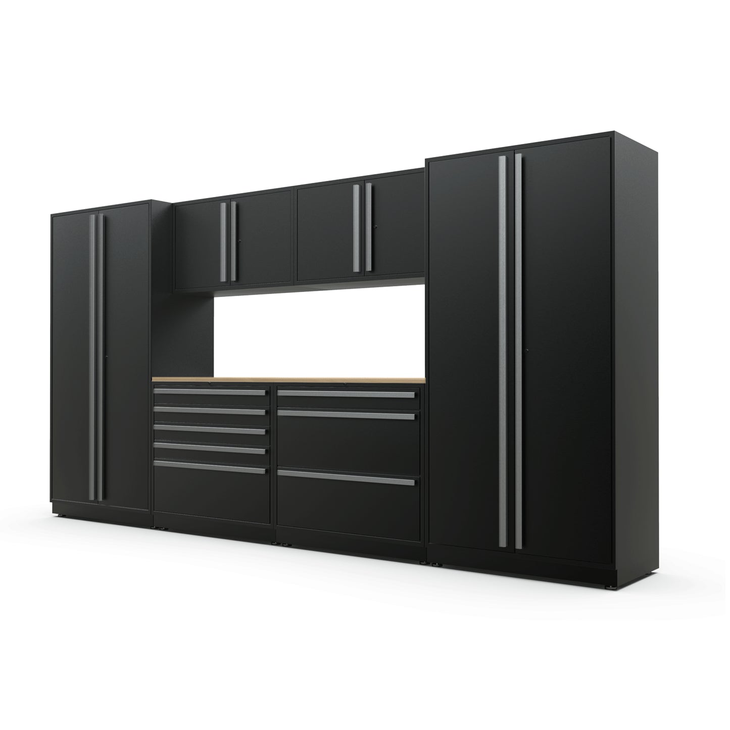Proslat FusionPlus 13 ft TOOL garage cabinet set in Black with Silver handles and a Maple Wood worktop
