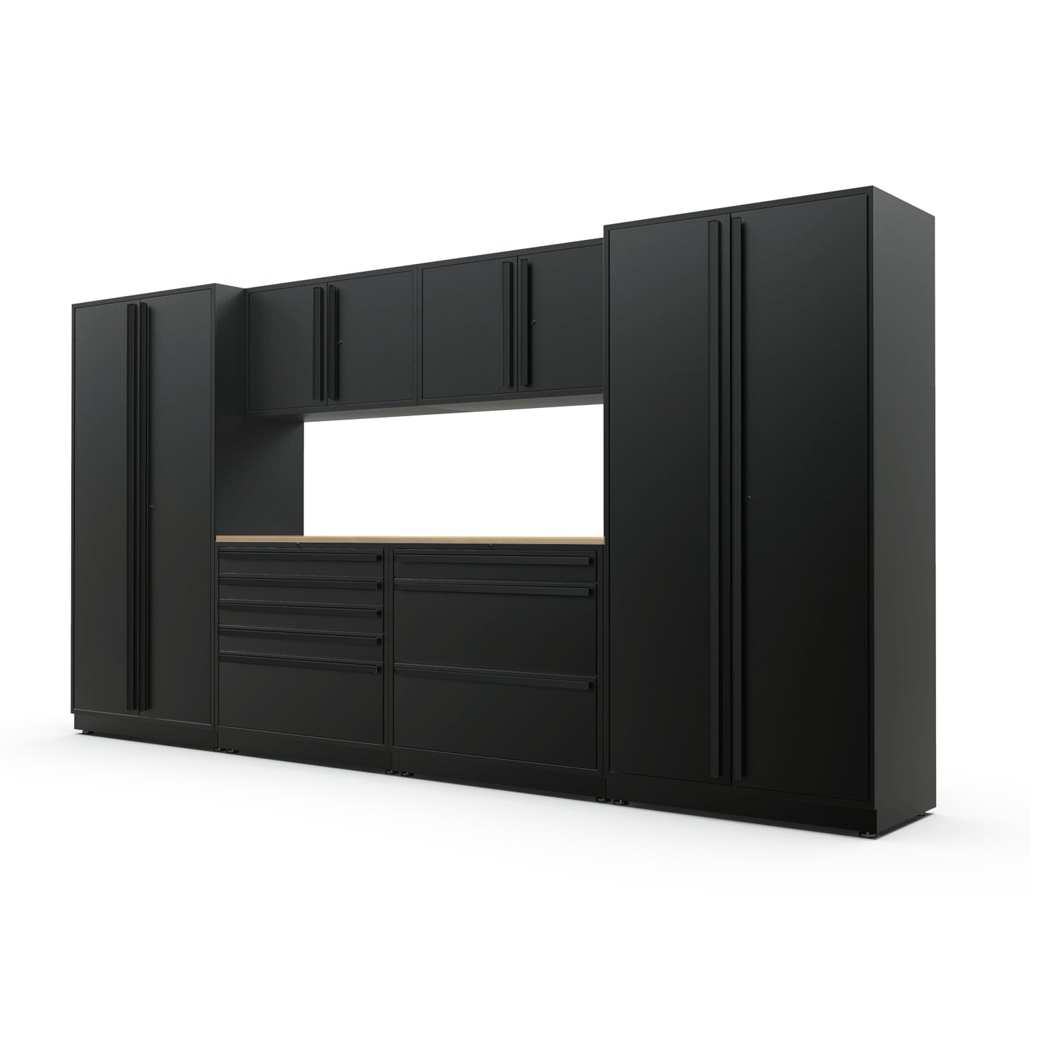 Proslat FusionPlus 13 ft TOOL garage cabinet set in Black with Black handles and a Maple Wood worktop