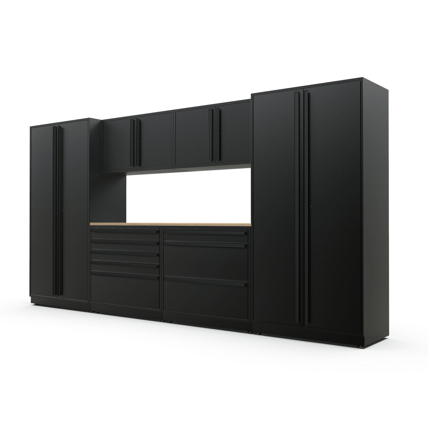 Proslat FusionPlus 13 ft TOOL garage cabinet set in Black with Black handles and a Maple Wood worktop