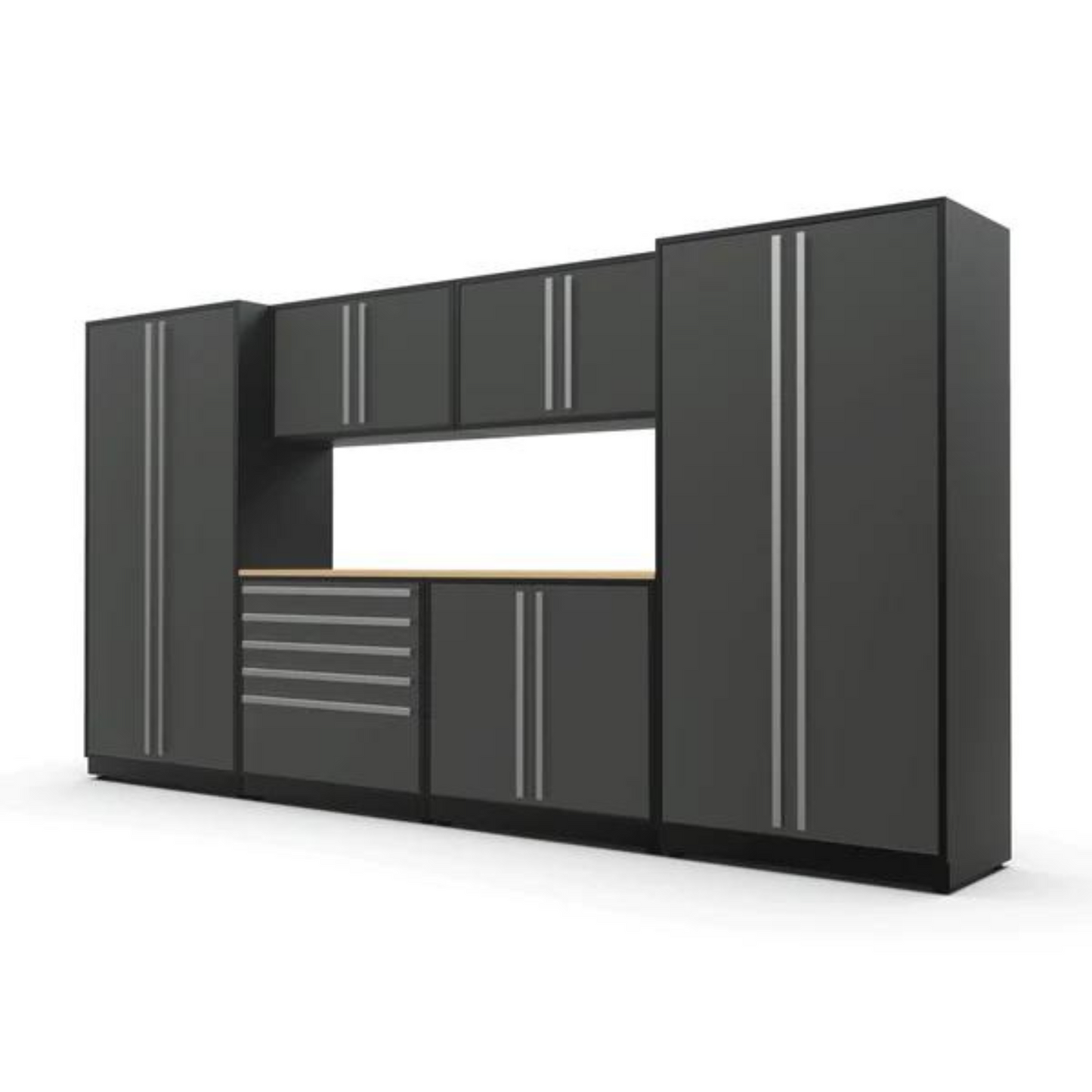 Proslat FusionPlus 13 ft MAX garage cabinet set in Traffic Gray with Silver handles and a Maple Wood worktop