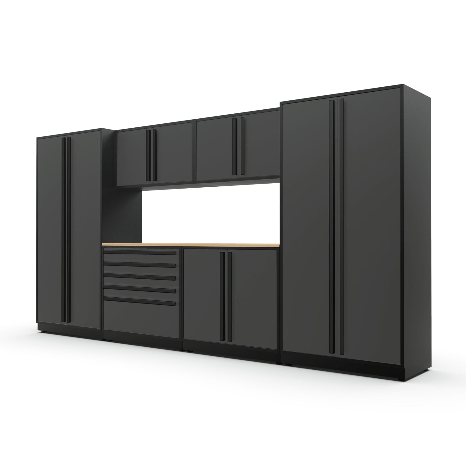 Proslat FusionPlus 13 ft MAX garage cabinet set in Traffic Gray with Black handles and a Maple Wood worktop