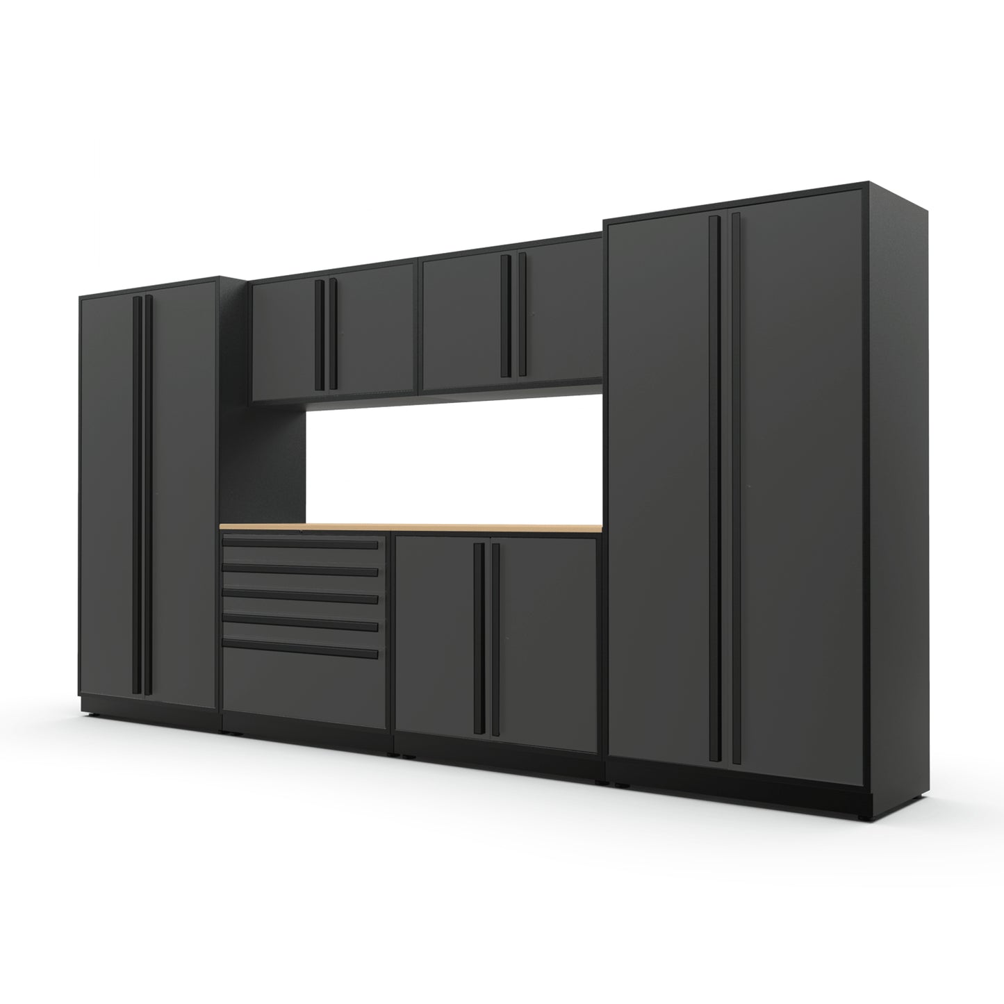 Proslat FusionPlus 13 ft MAX garage cabinet set in Traffic Gray with Black handles and a Maple Wood worktop
