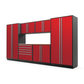 Proslat FusionPlus 13 ft MAX garage cabinet set in Traffic Red with Silver handles and a Maple Wood worktop