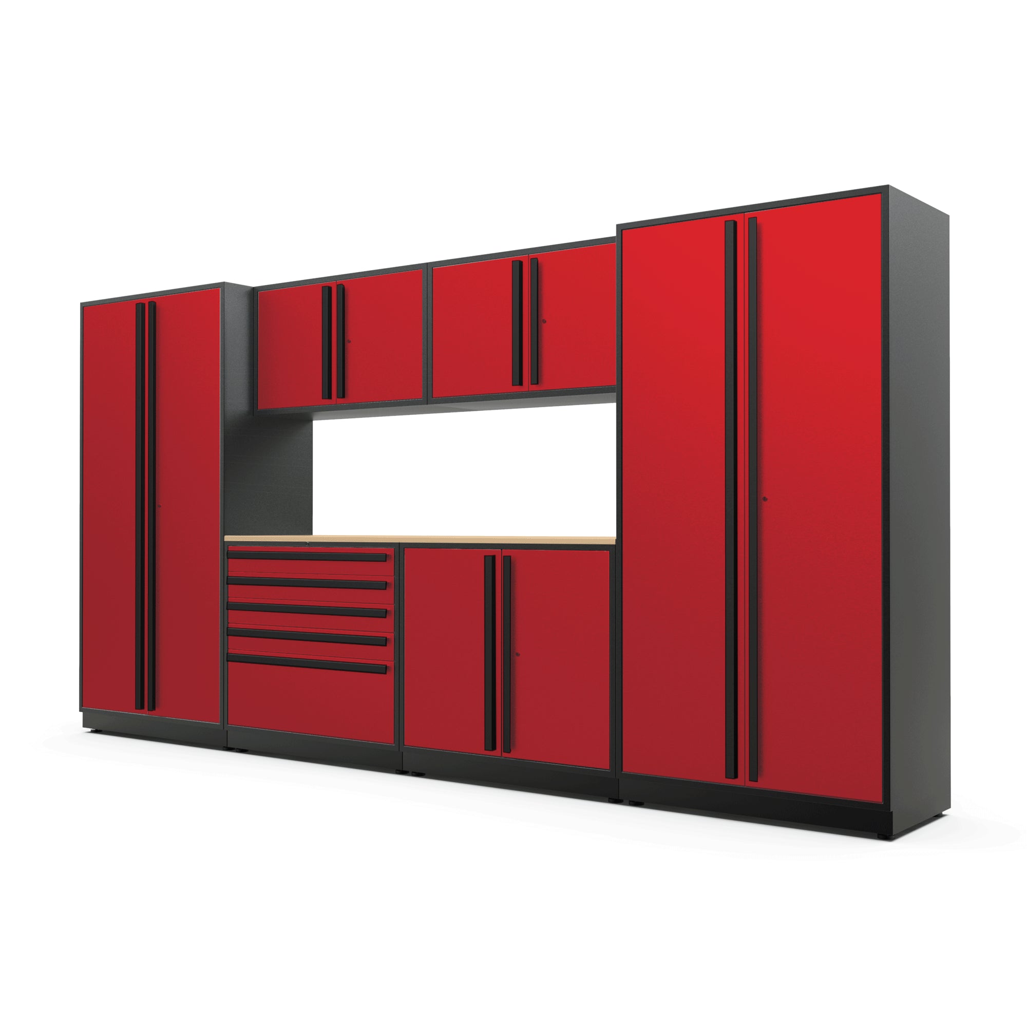 Proslat FusionPlus 13 ft MAX garage cabinet set in Traffic Red with Black handles and a Maple Wood worktop